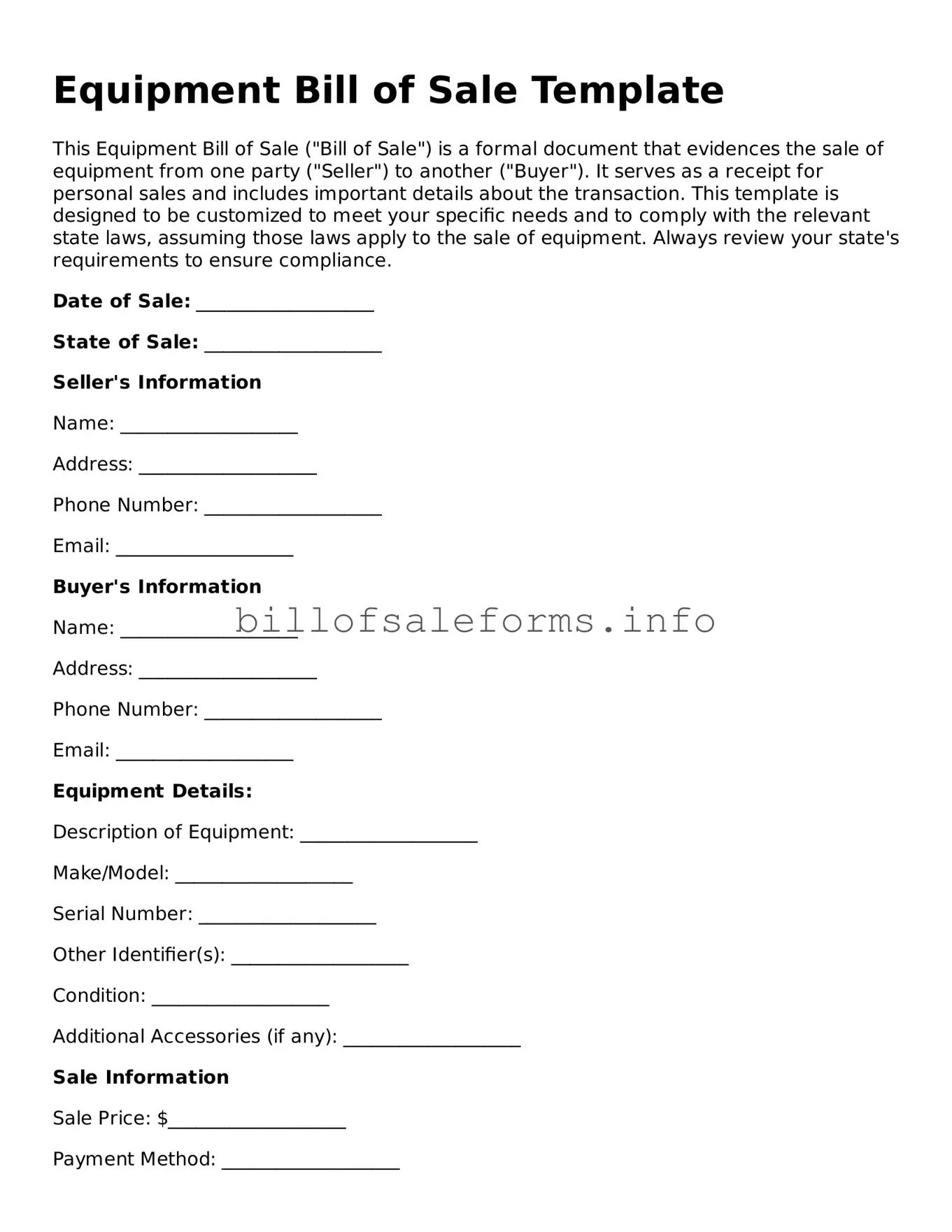 Blank Equipment Bill of Sale Document