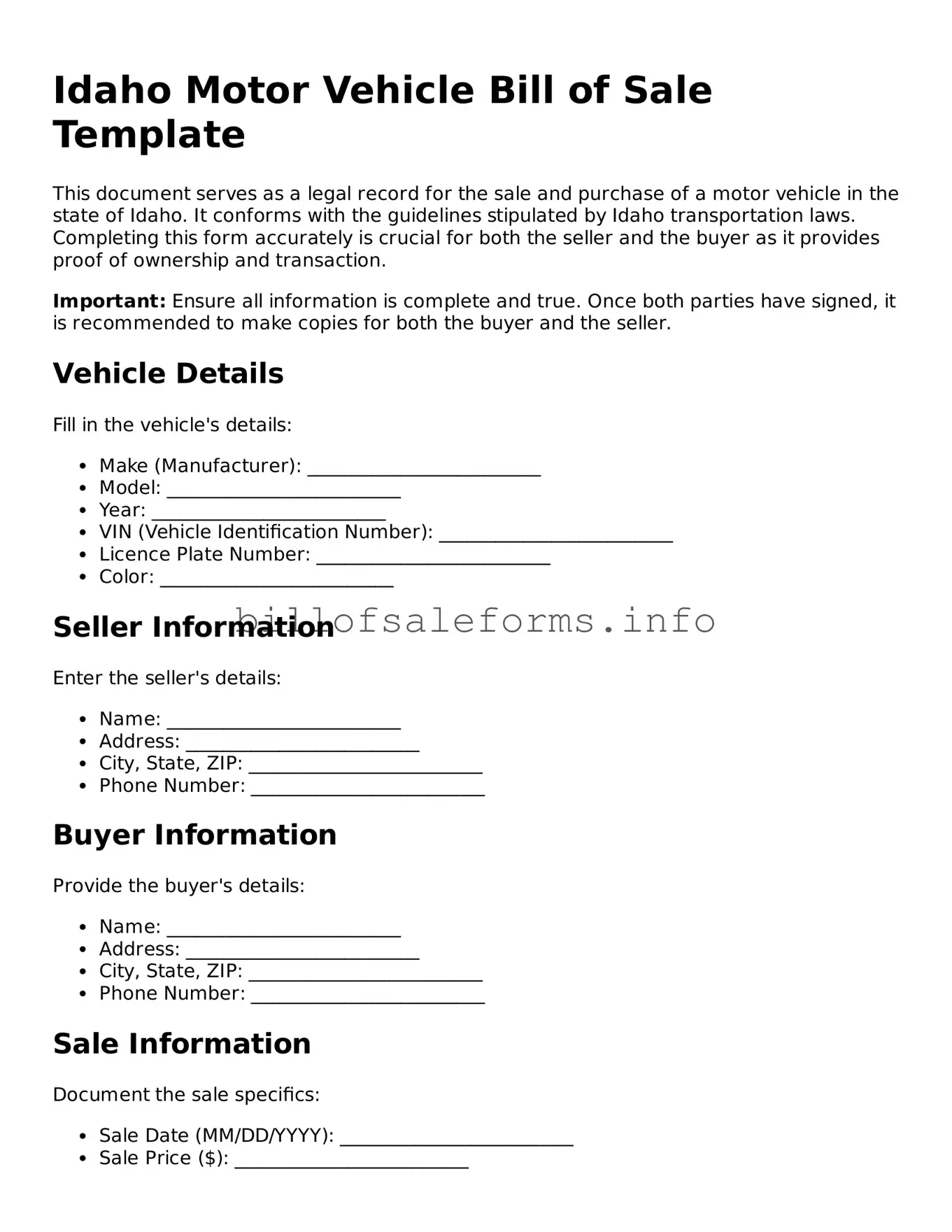 Legal Motor Vehicle Bill of Sale Form for Idaho State