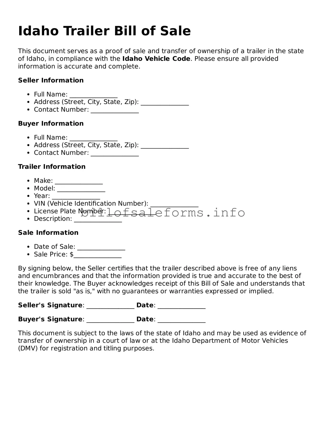 Legal Trailer Bill of Sale Form for Idaho State