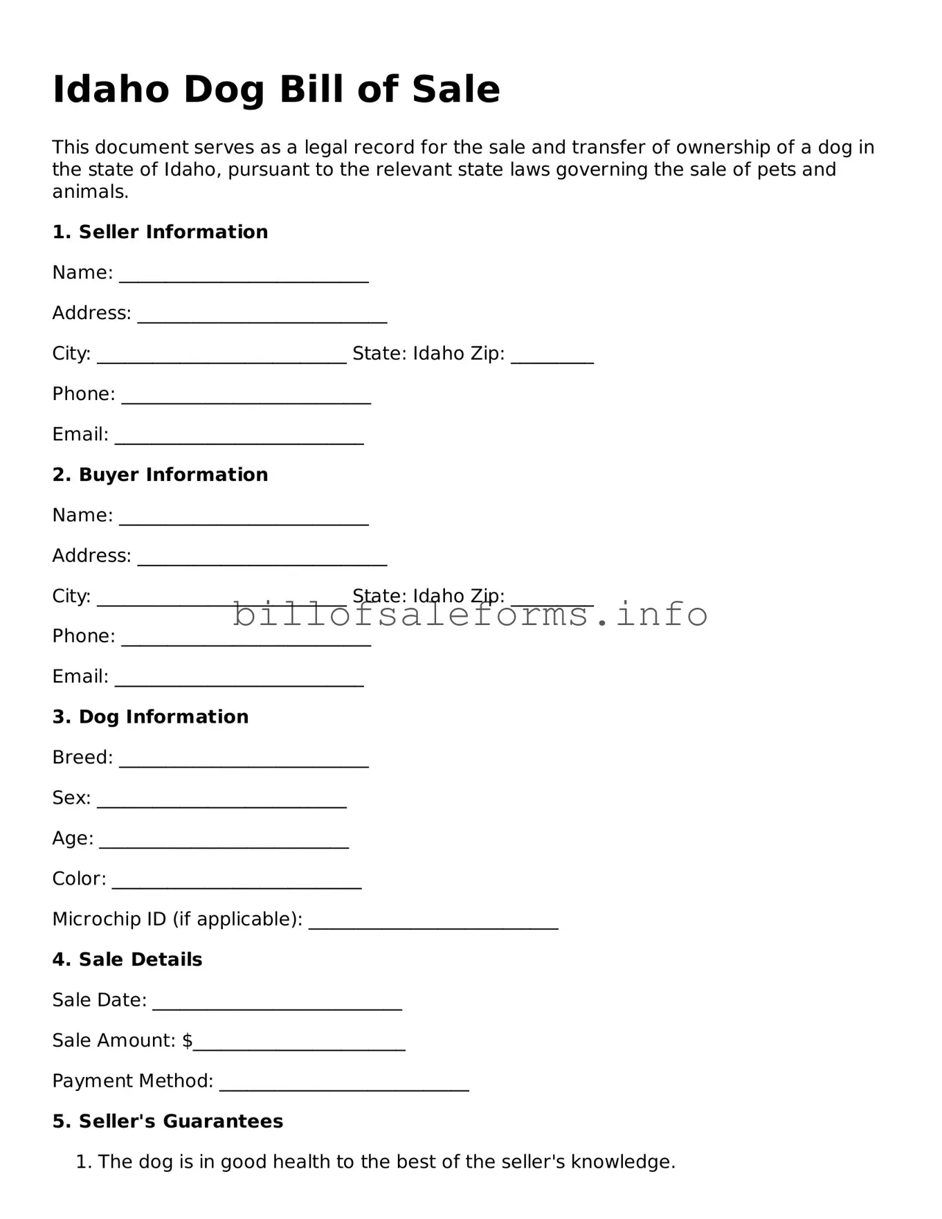 Legal Dog Bill of Sale Form for Idaho State