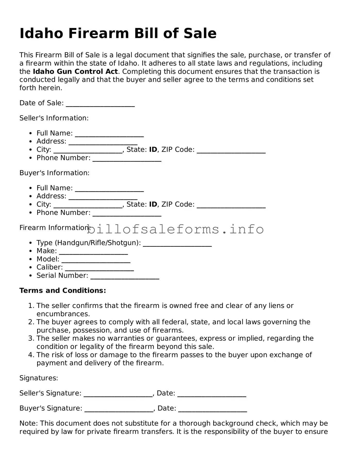 Legal Firearm Bill of Sale Form for Idaho State