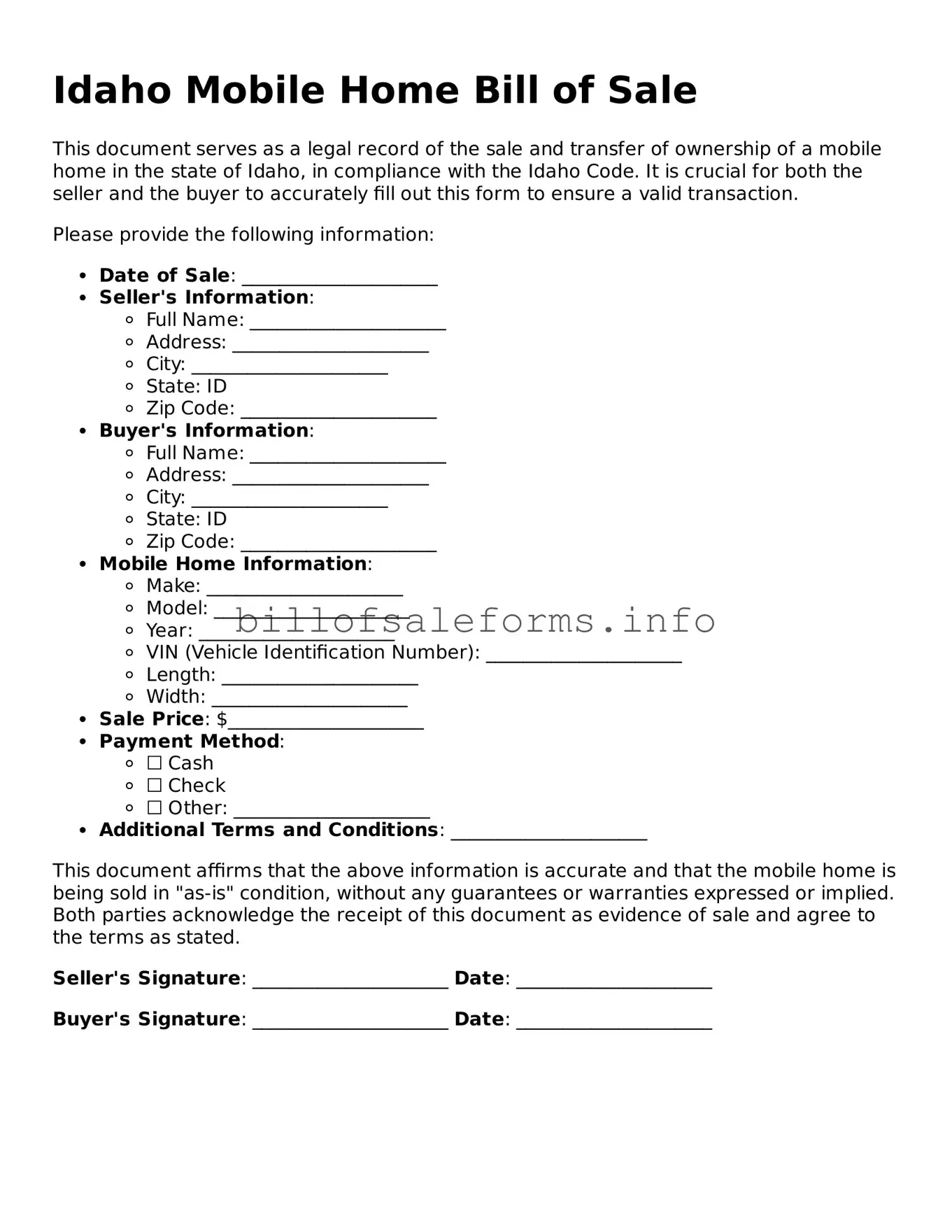 Legal Mobile Home Bill of Sale Form for Idaho State