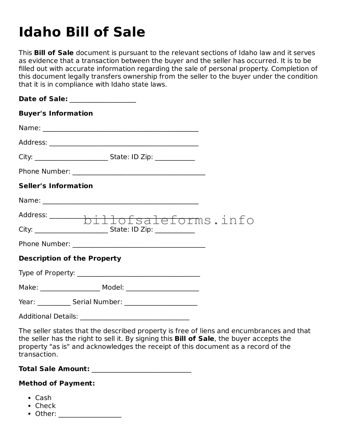Legal Bill of Sale Form for Idaho State