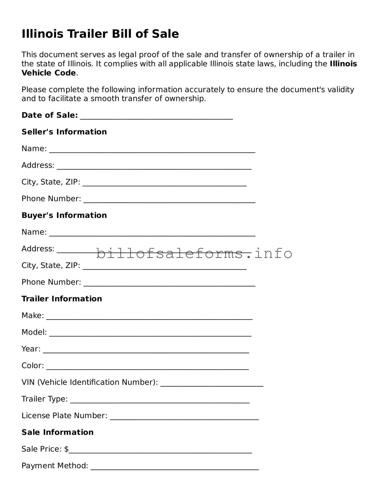 Legal Trailer Bill of Sale Form for Illinois State