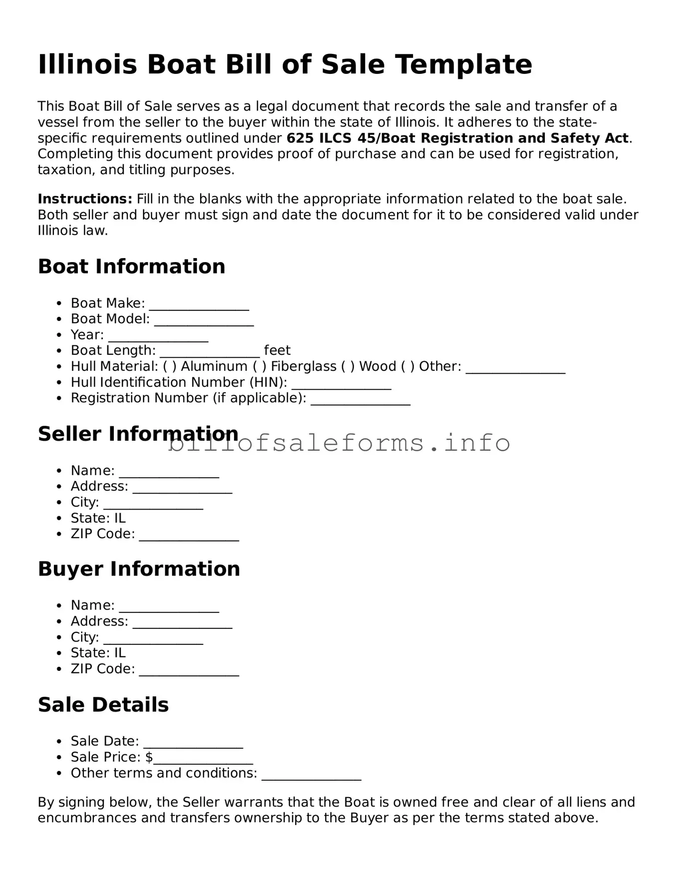 Legal Boat Bill of Sale Form for Illinois State