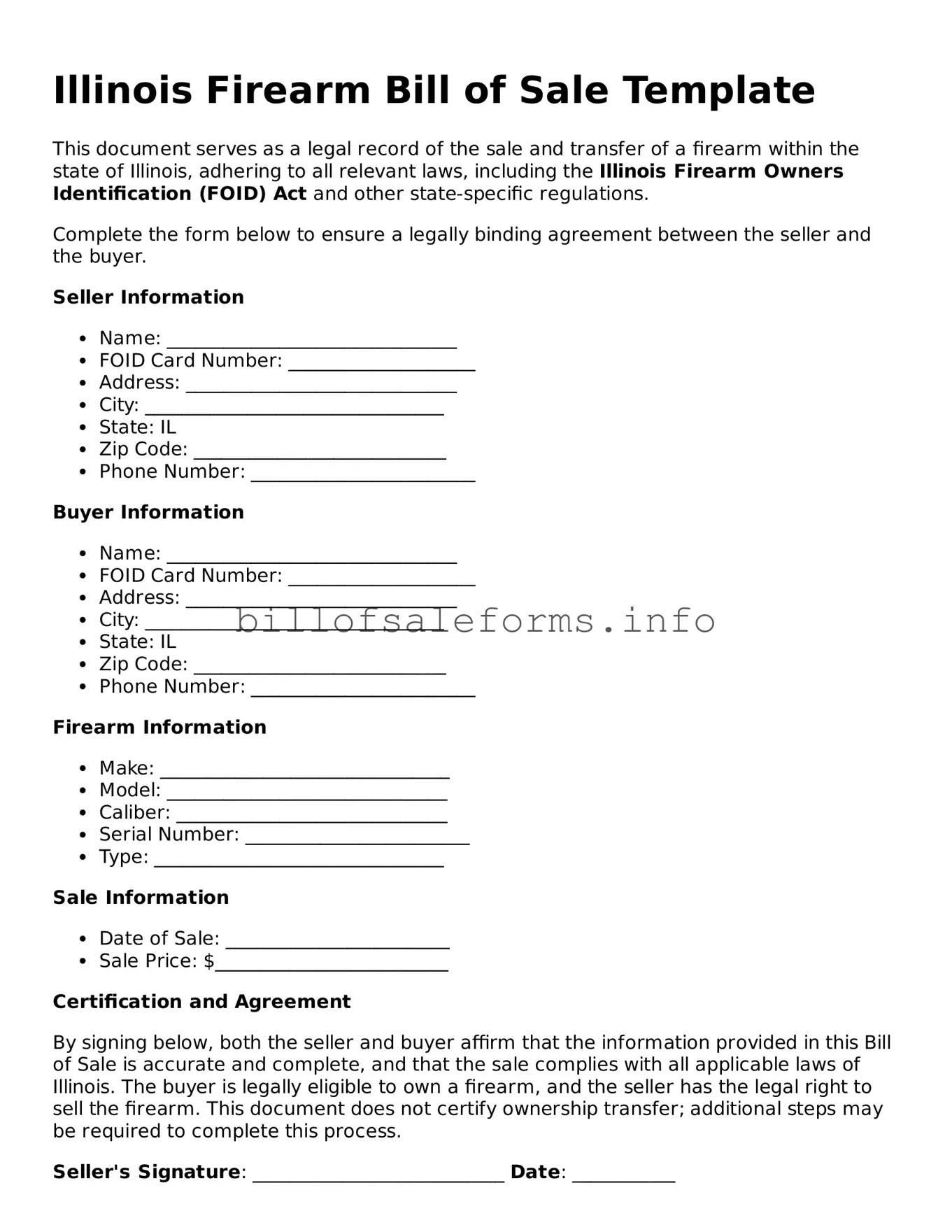 Legal Firearm Bill of Sale Form for Illinois State