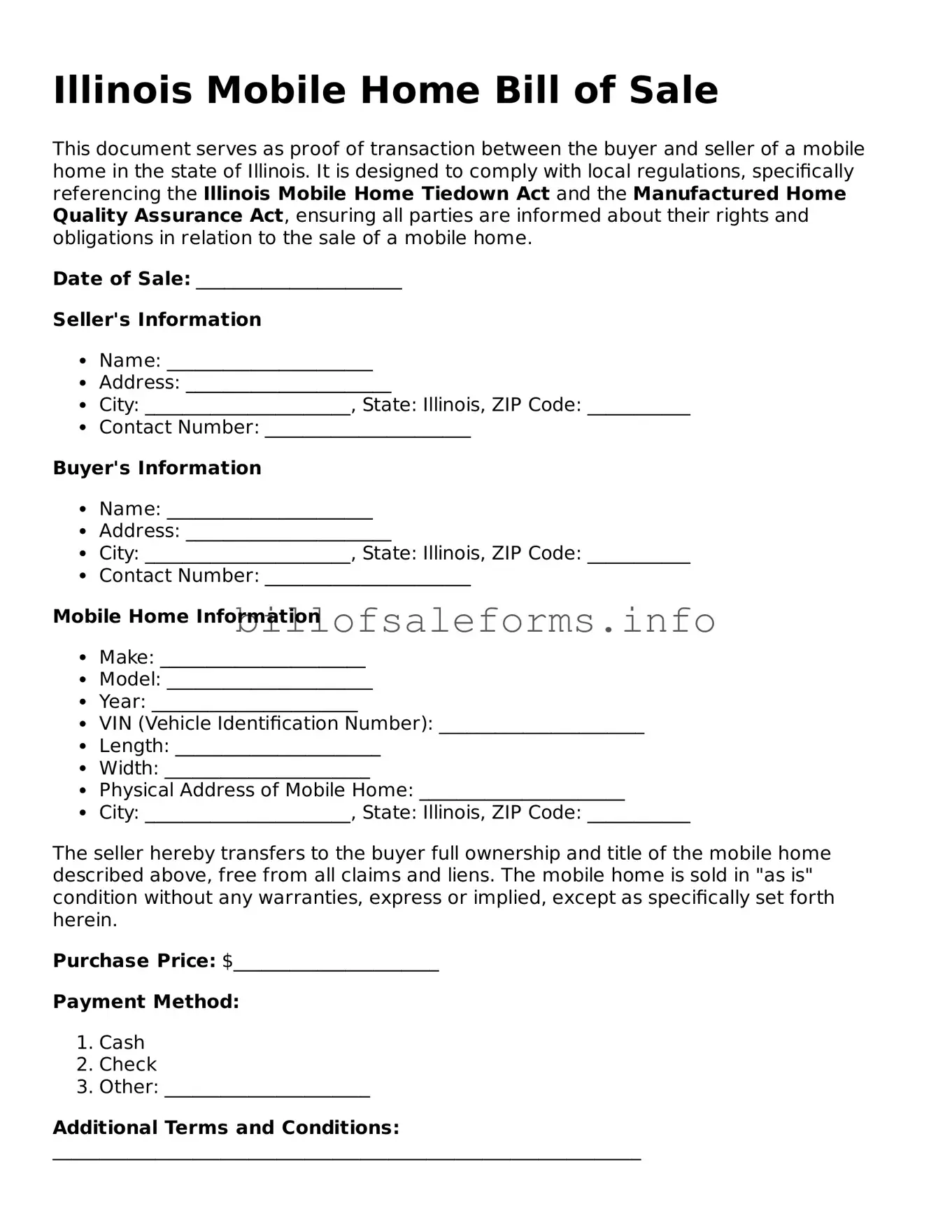 Legal Mobile Home Bill of Sale Form for Illinois State