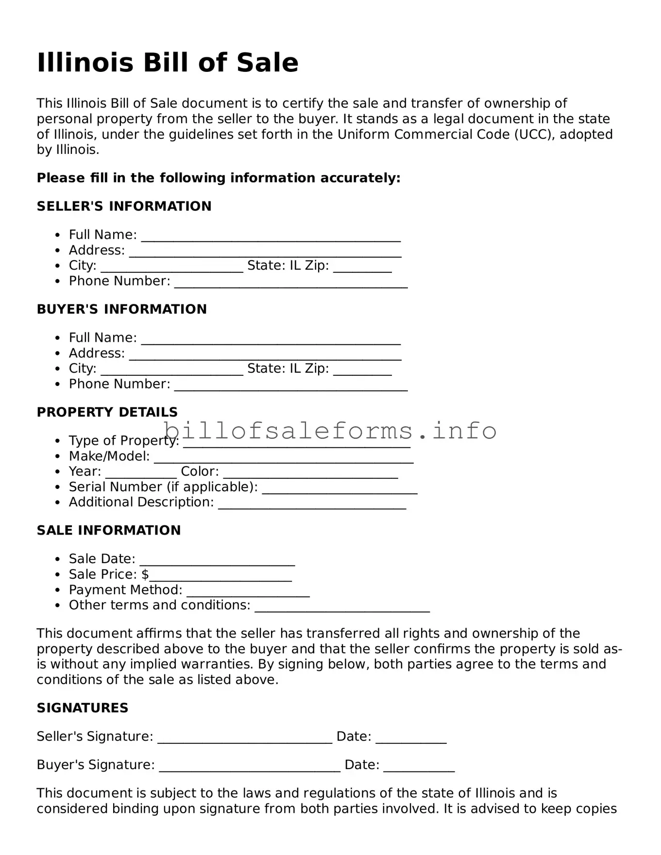 Legal Bill of Sale Form for Illinois State