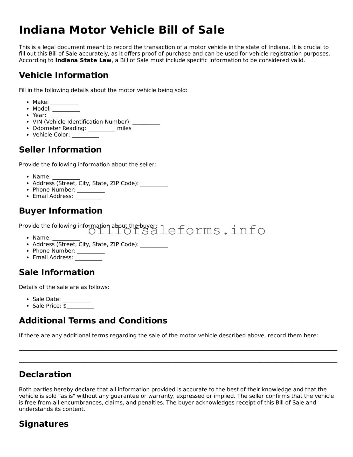 Legal Motor Vehicle Bill of Sale Form for Indiana State