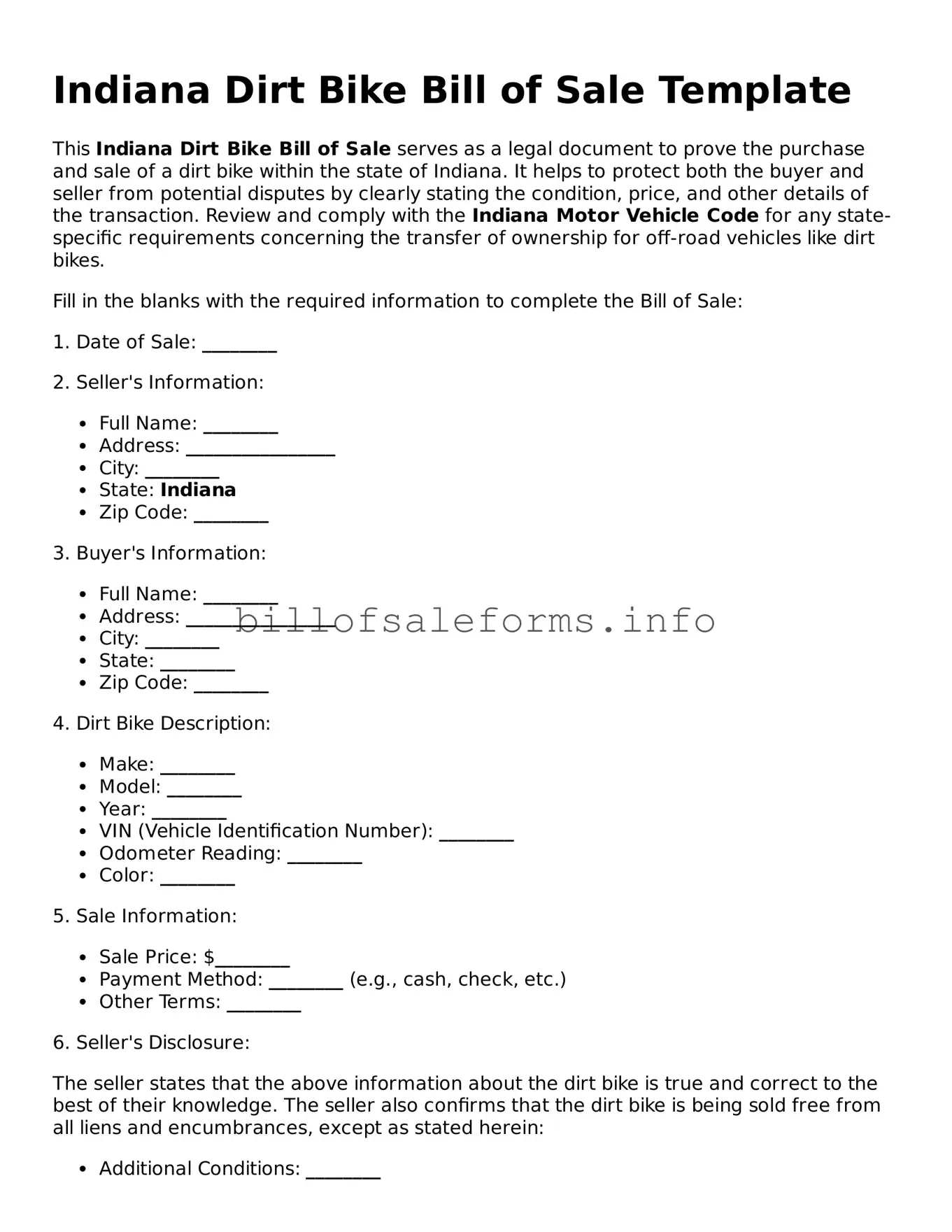 Legal Dirt Bike Bill of Sale Form for Indiana State