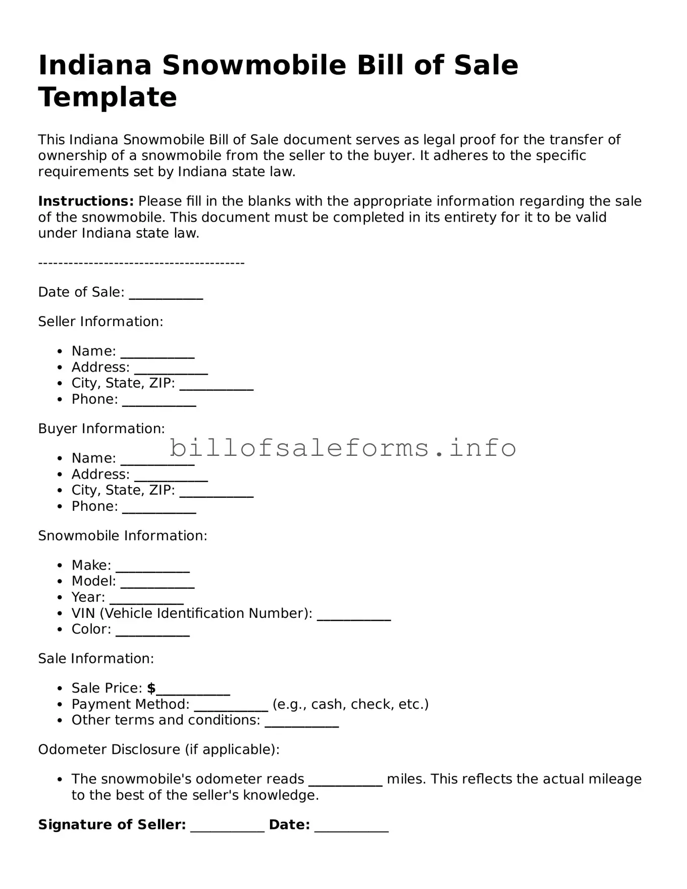 Legal Snowmobile Bill of Sale Form for Indiana State