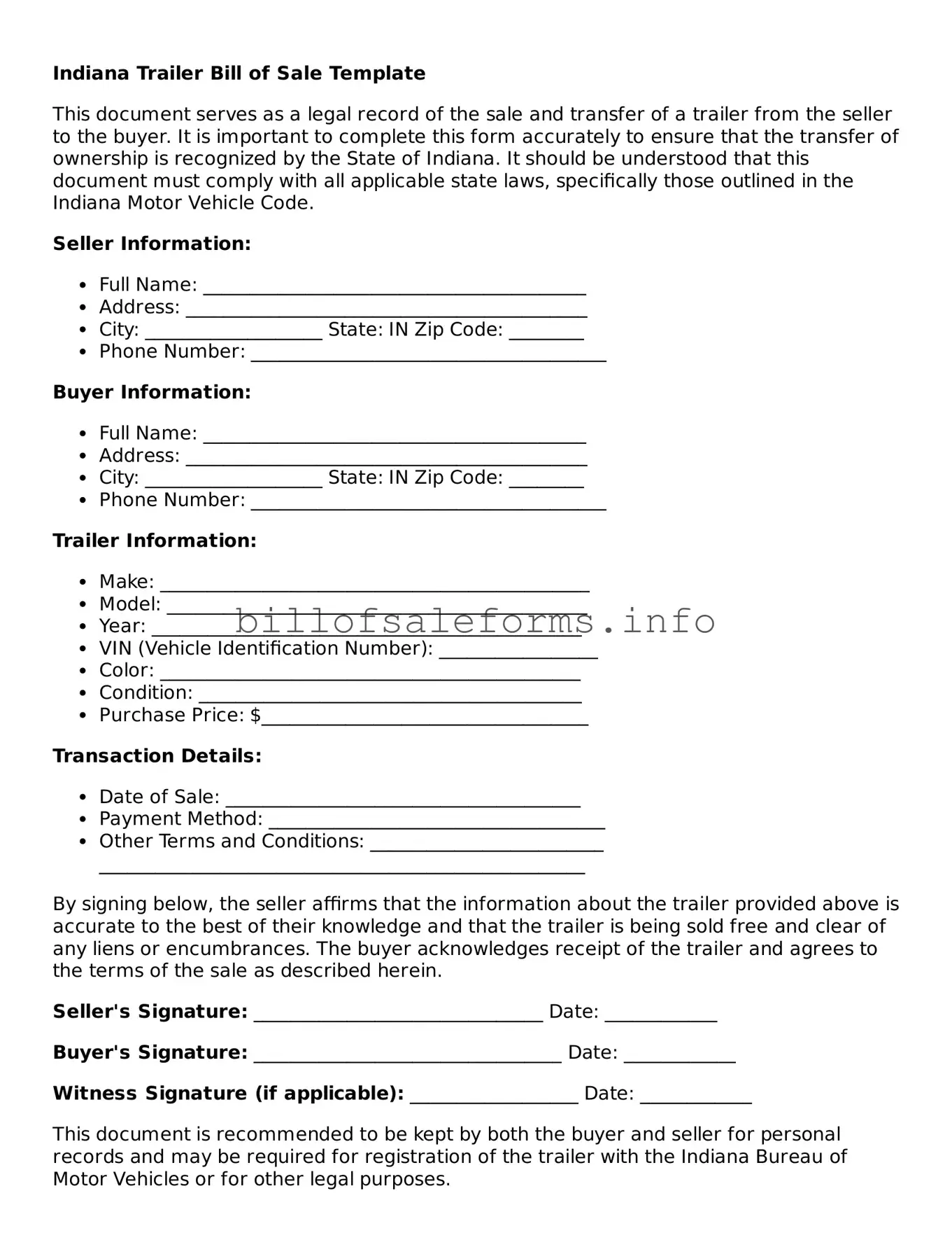 Legal Trailer Bill of Sale Form for Indiana State