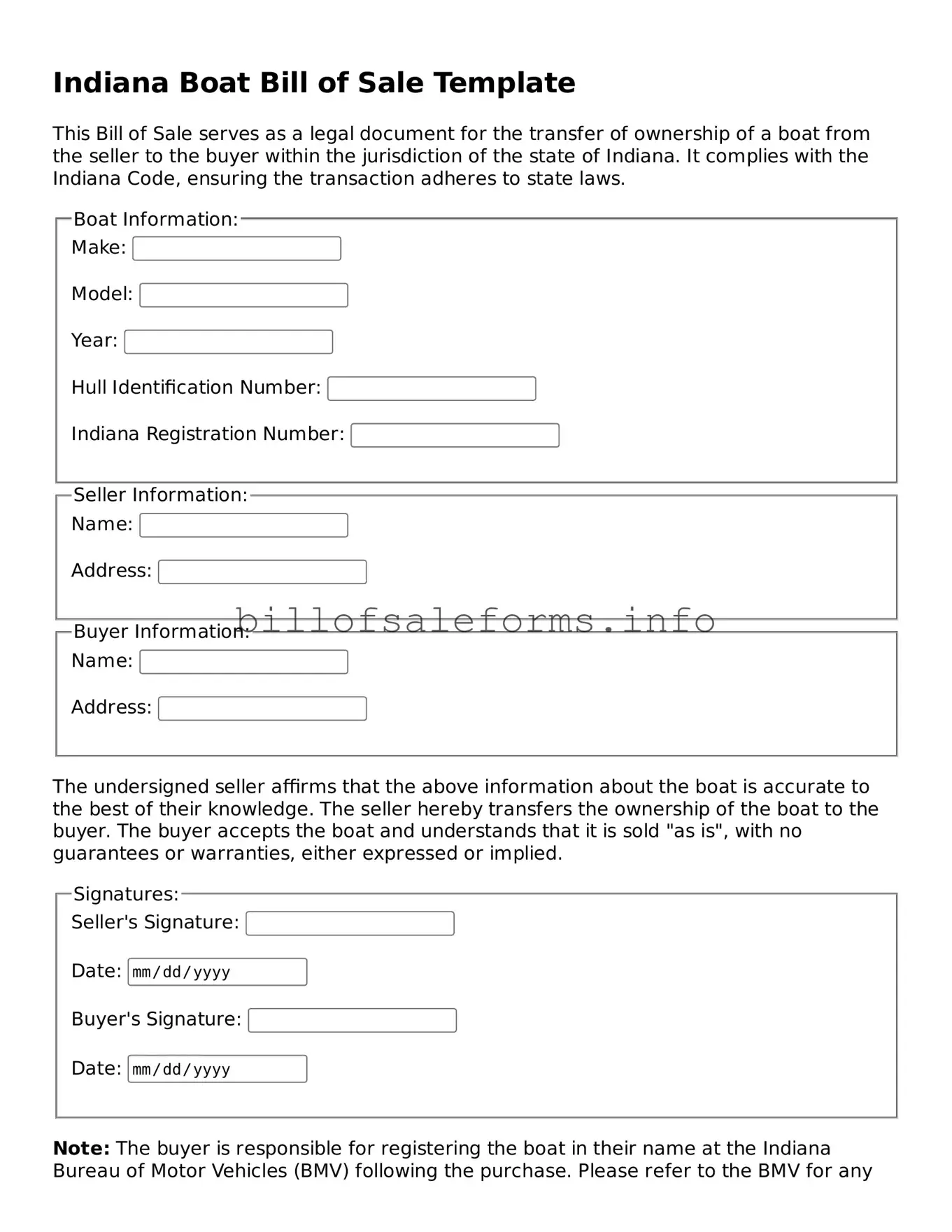 Legal Boat Bill of Sale Form for Indiana State