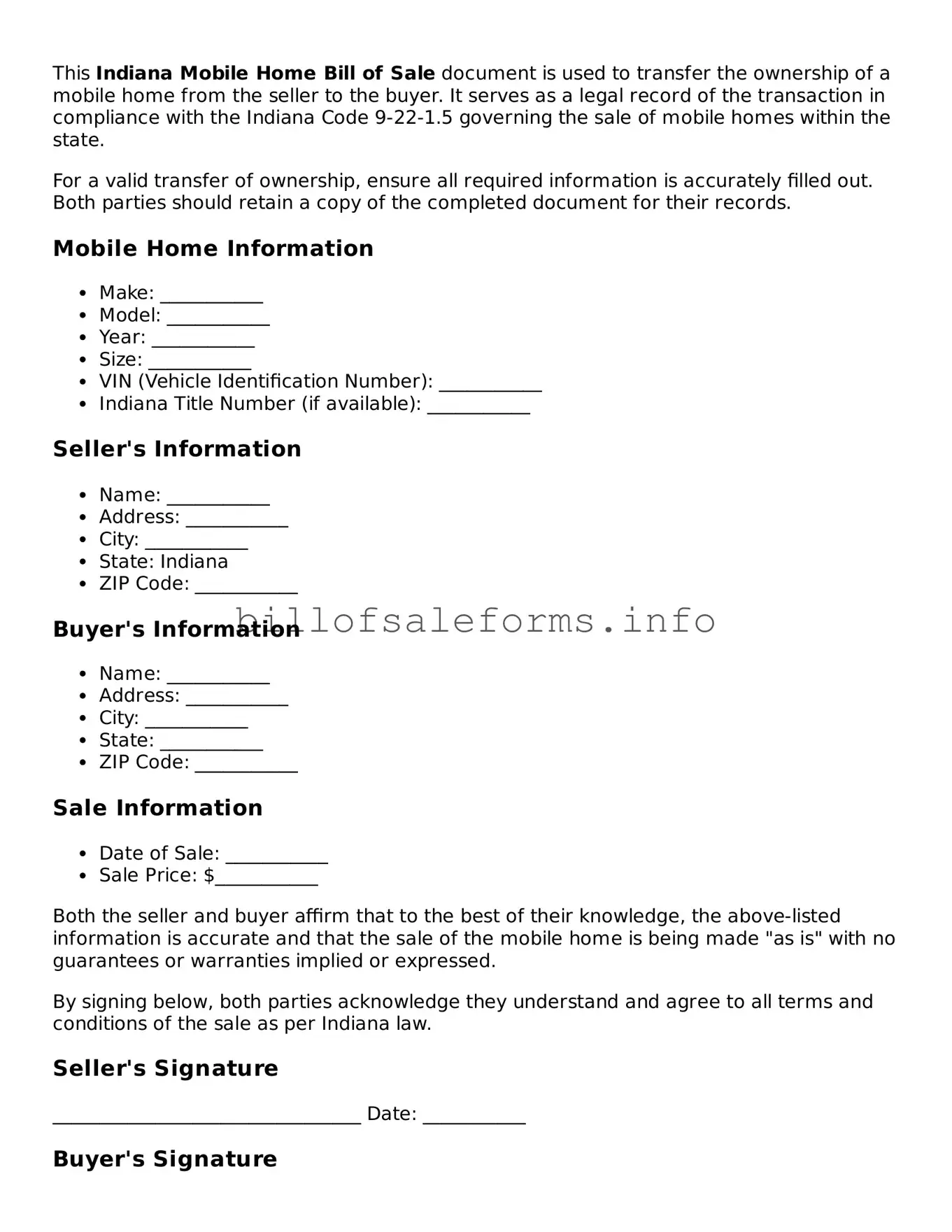 Legal Mobile Home Bill of Sale Form for Indiana State
