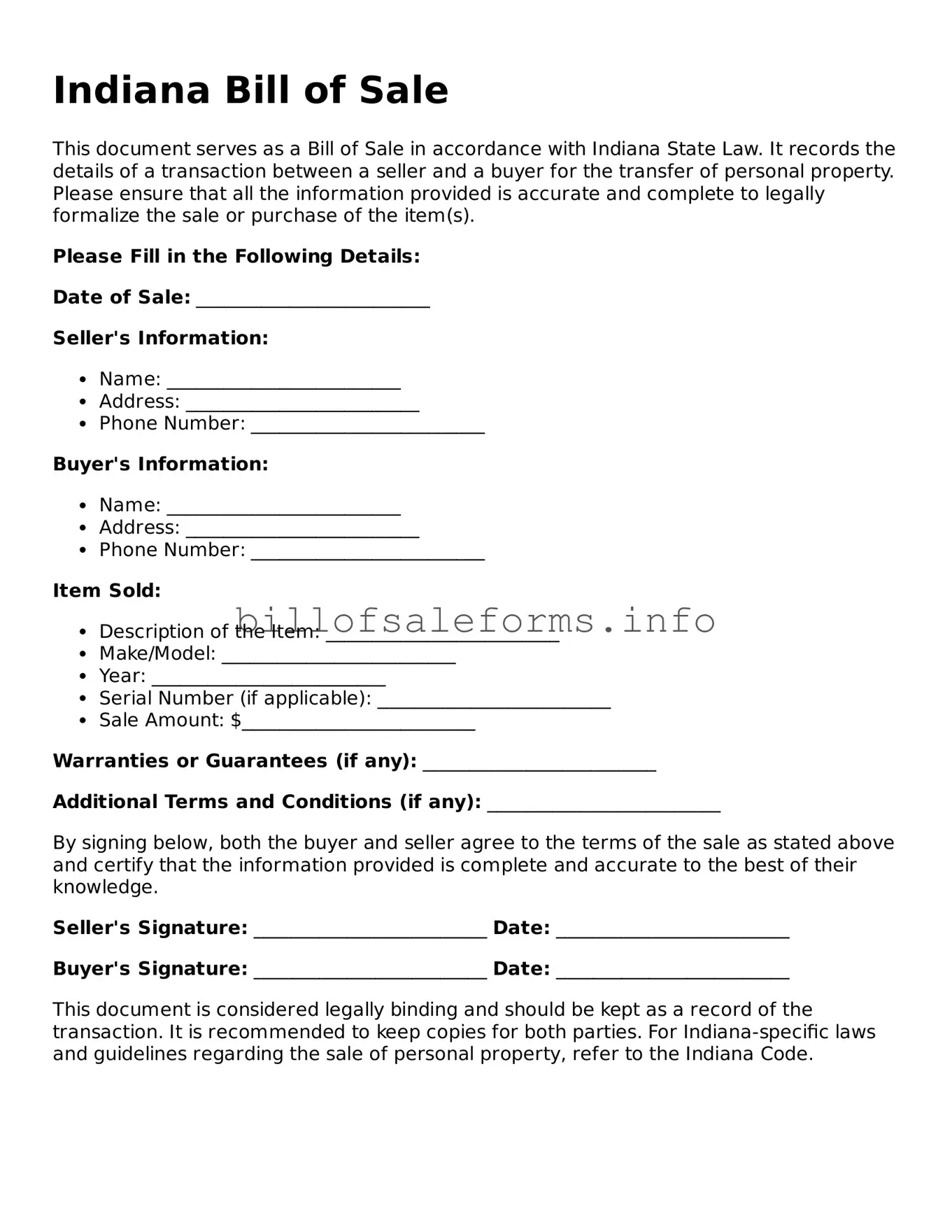Legal Bill of Sale Form for Indiana State