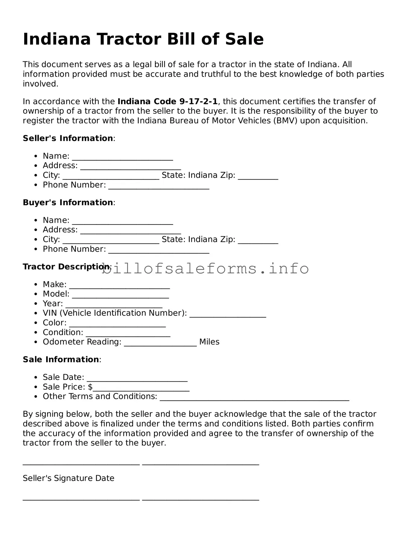 Legal Tractor Bill of Sale Form for Indiana State