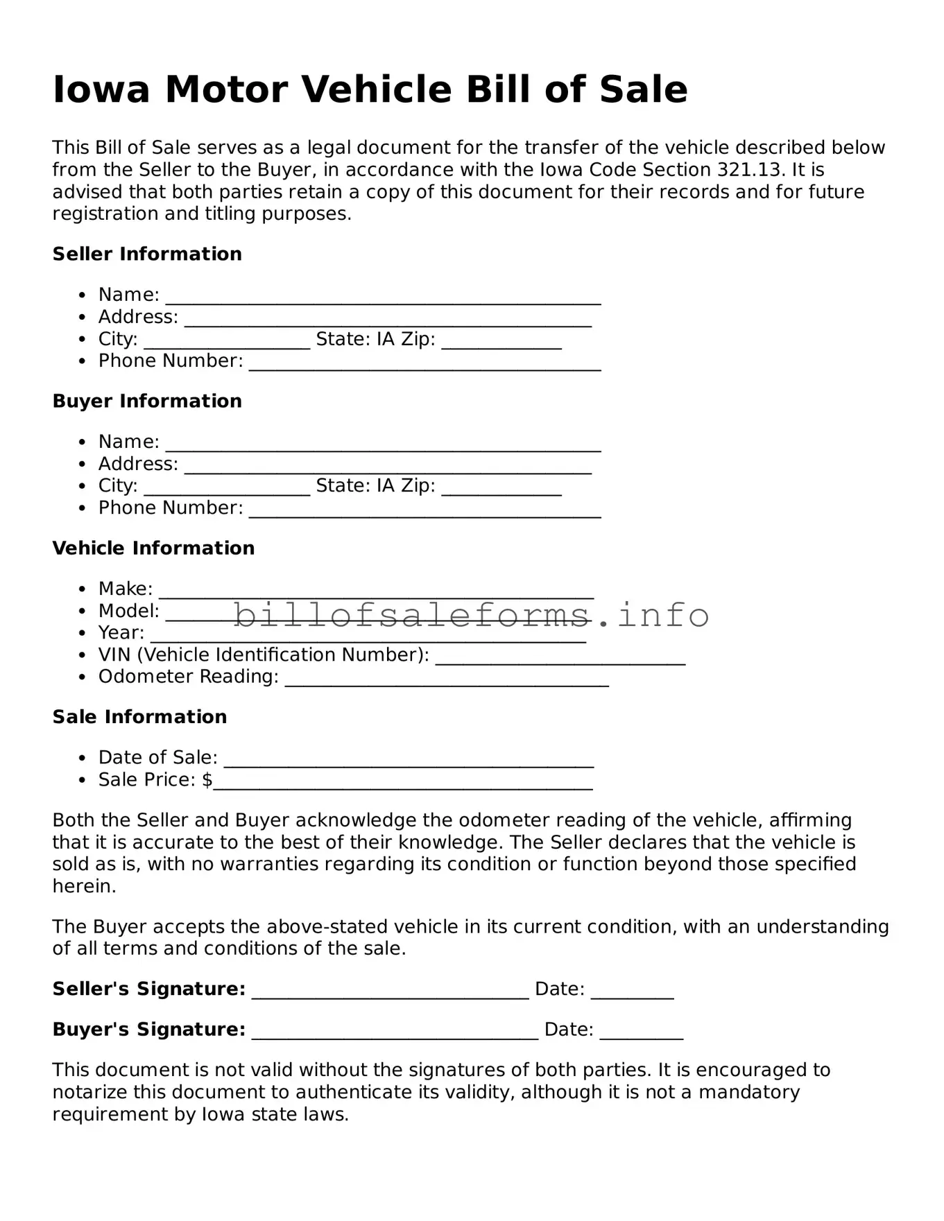 Legal Motor Vehicle Bill of Sale Form for Iowa State