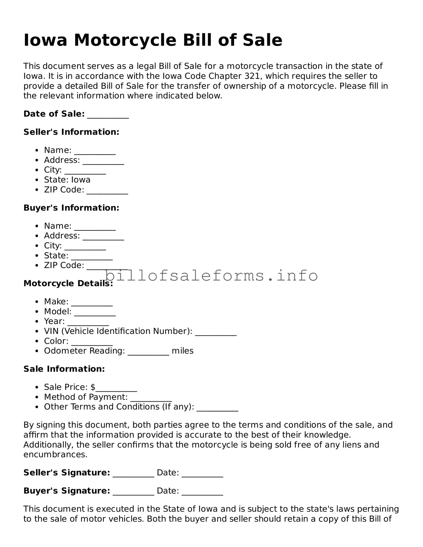 Legal Motorcycle Bill of Sale Form for Iowa State