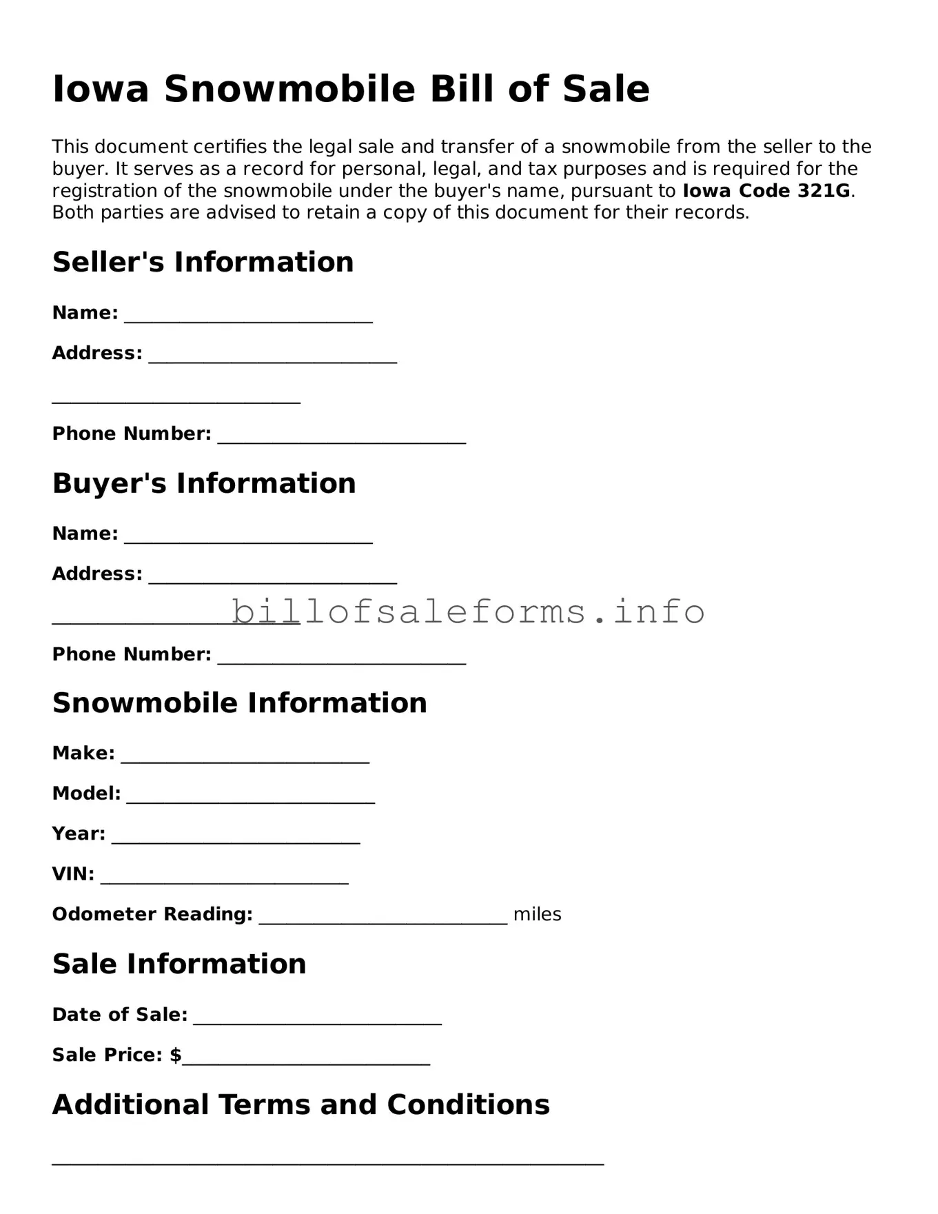 Legal Snowmobile Bill of Sale Form for Iowa State