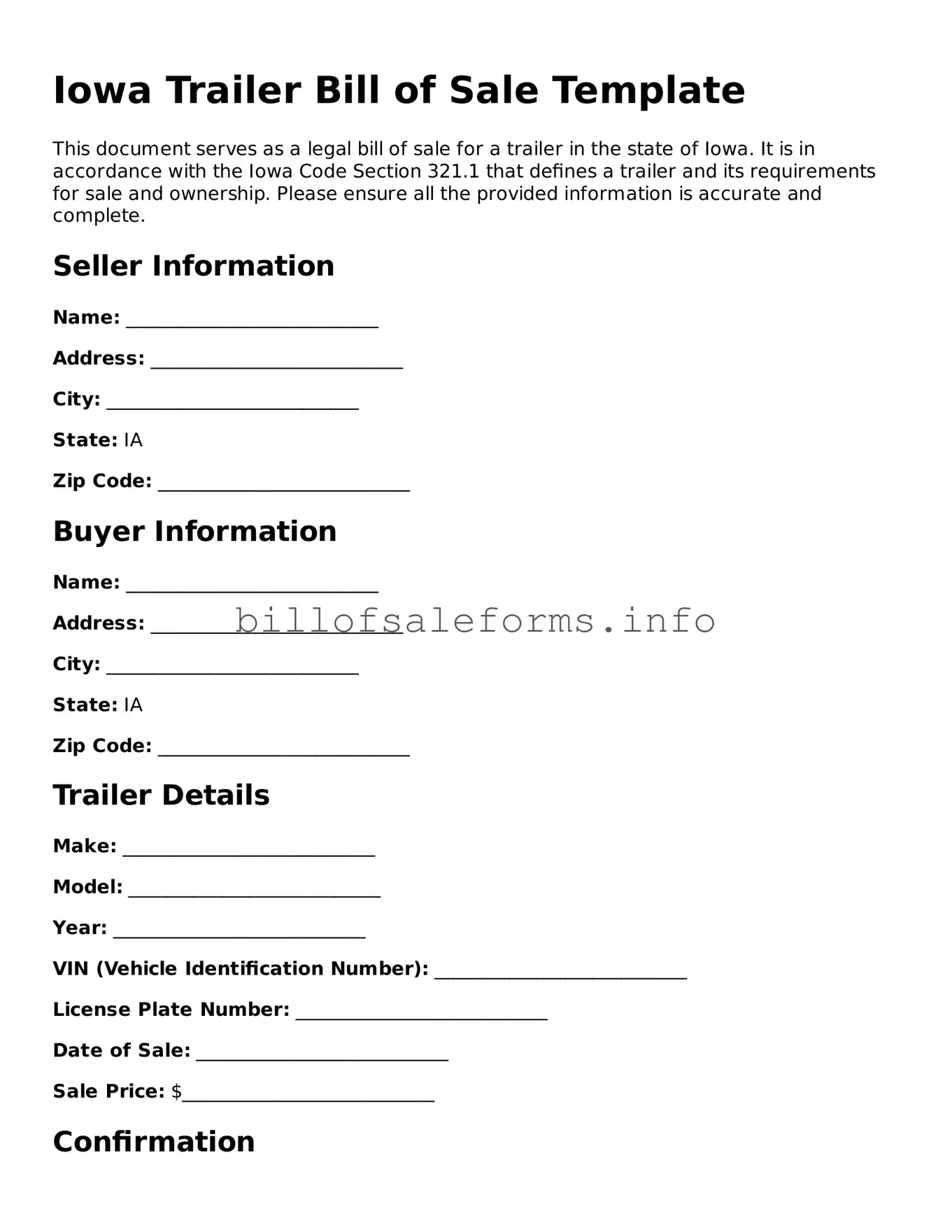 Legal Trailer Bill of Sale Form for Iowa State