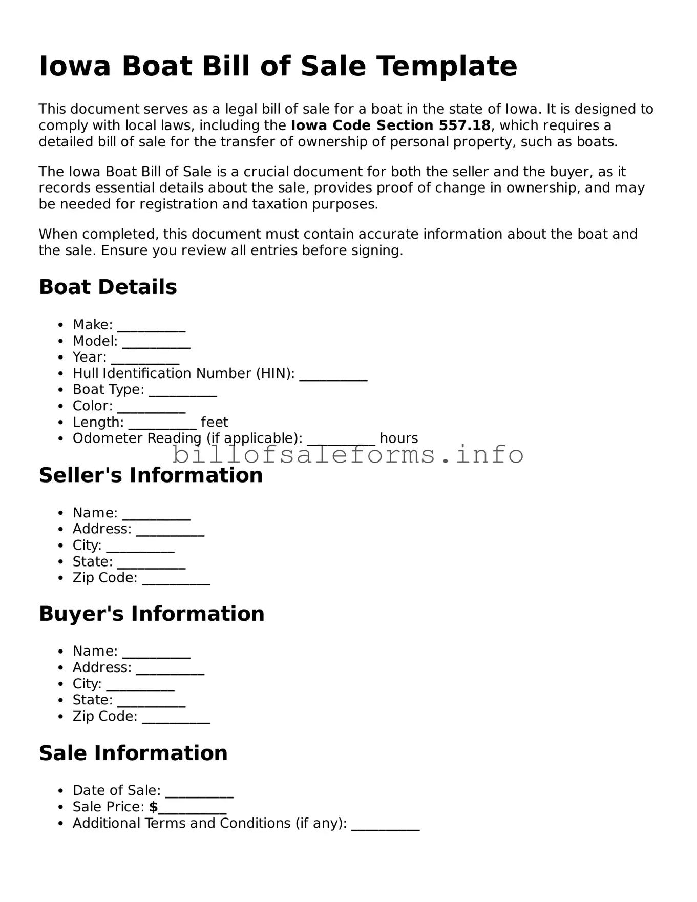 Legal Boat Bill of Sale Form for Iowa State