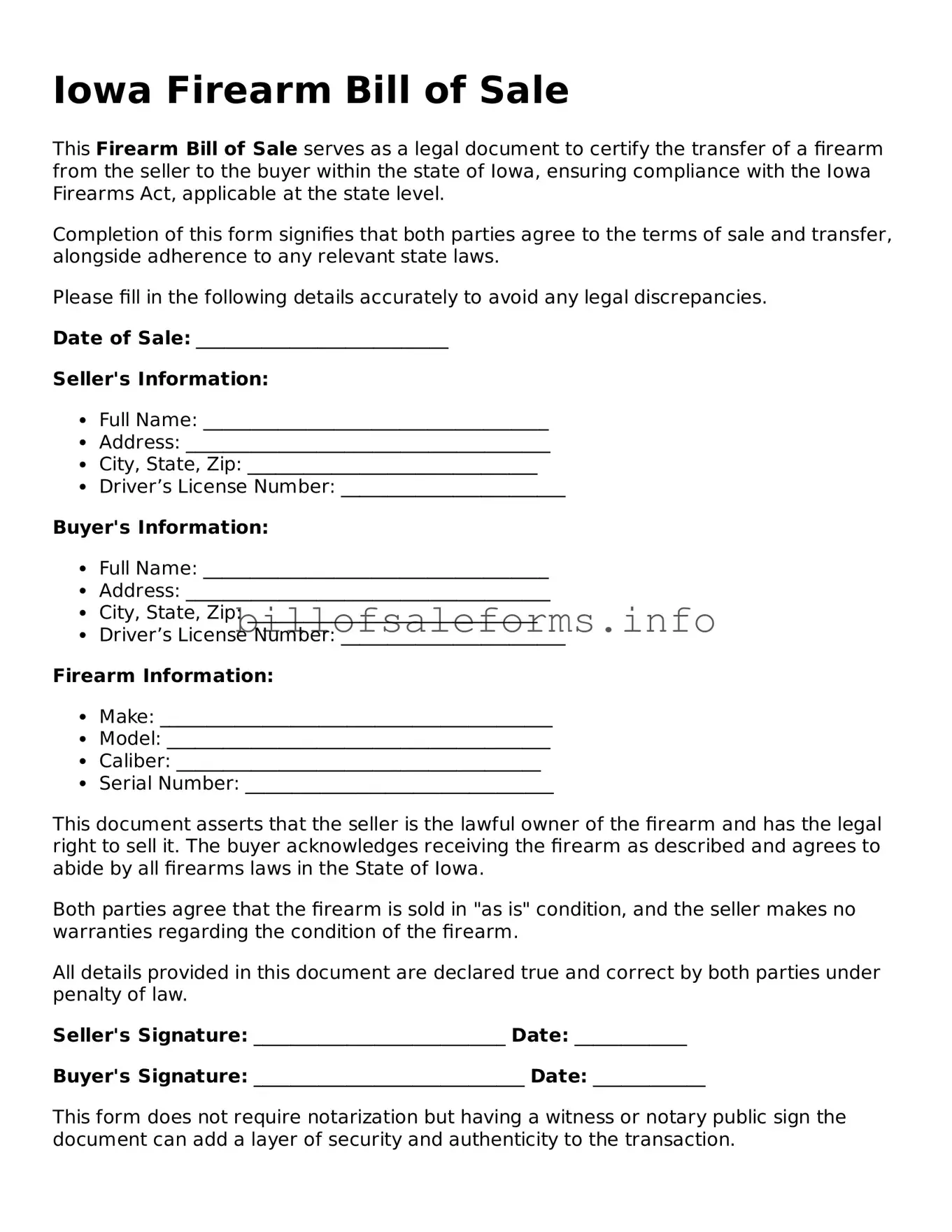 Legal Firearm Bill of Sale Form for Iowa State