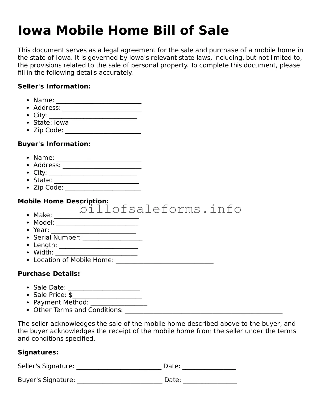 Legal Mobile Home Bill of Sale Form for Iowa State