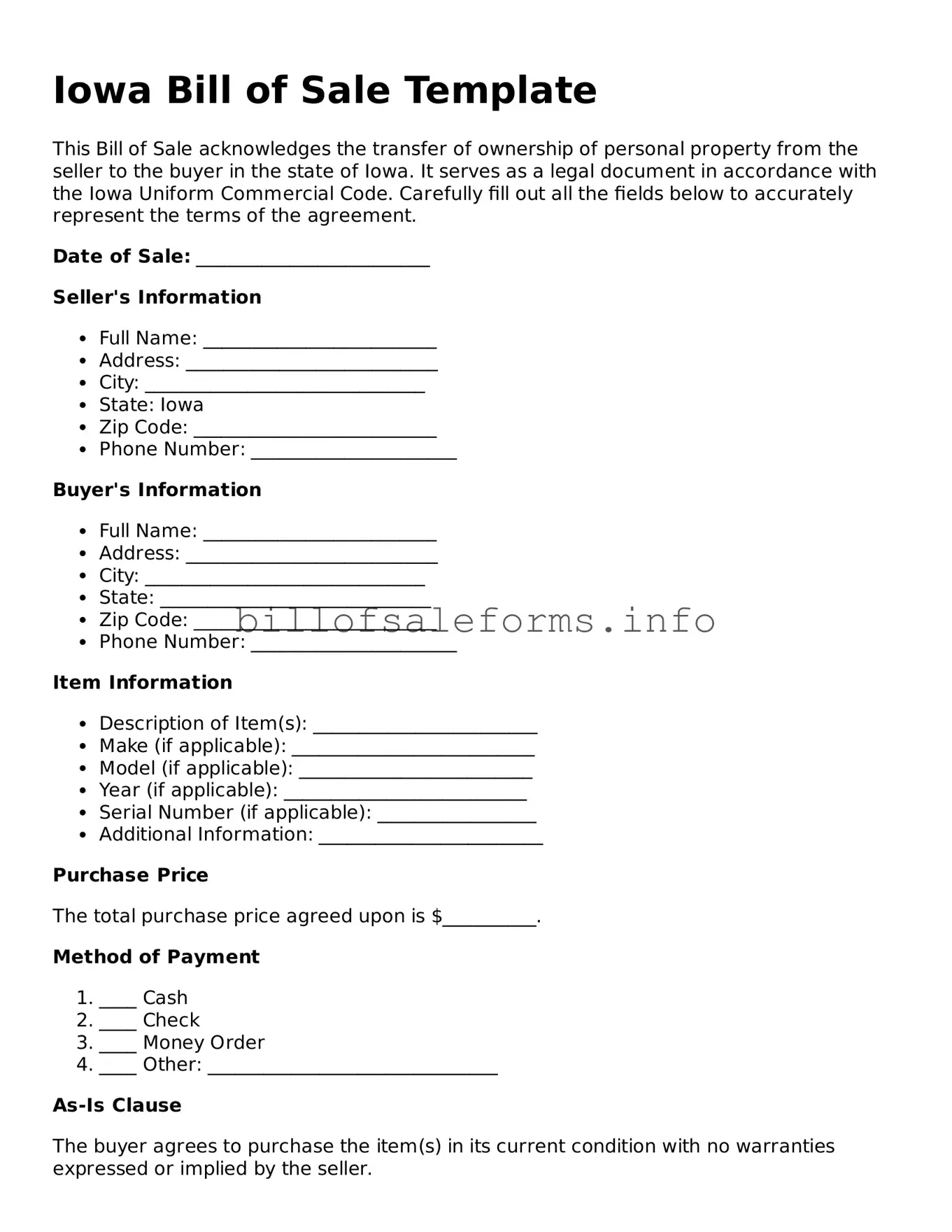 Legal Bill of Sale Form for Iowa State