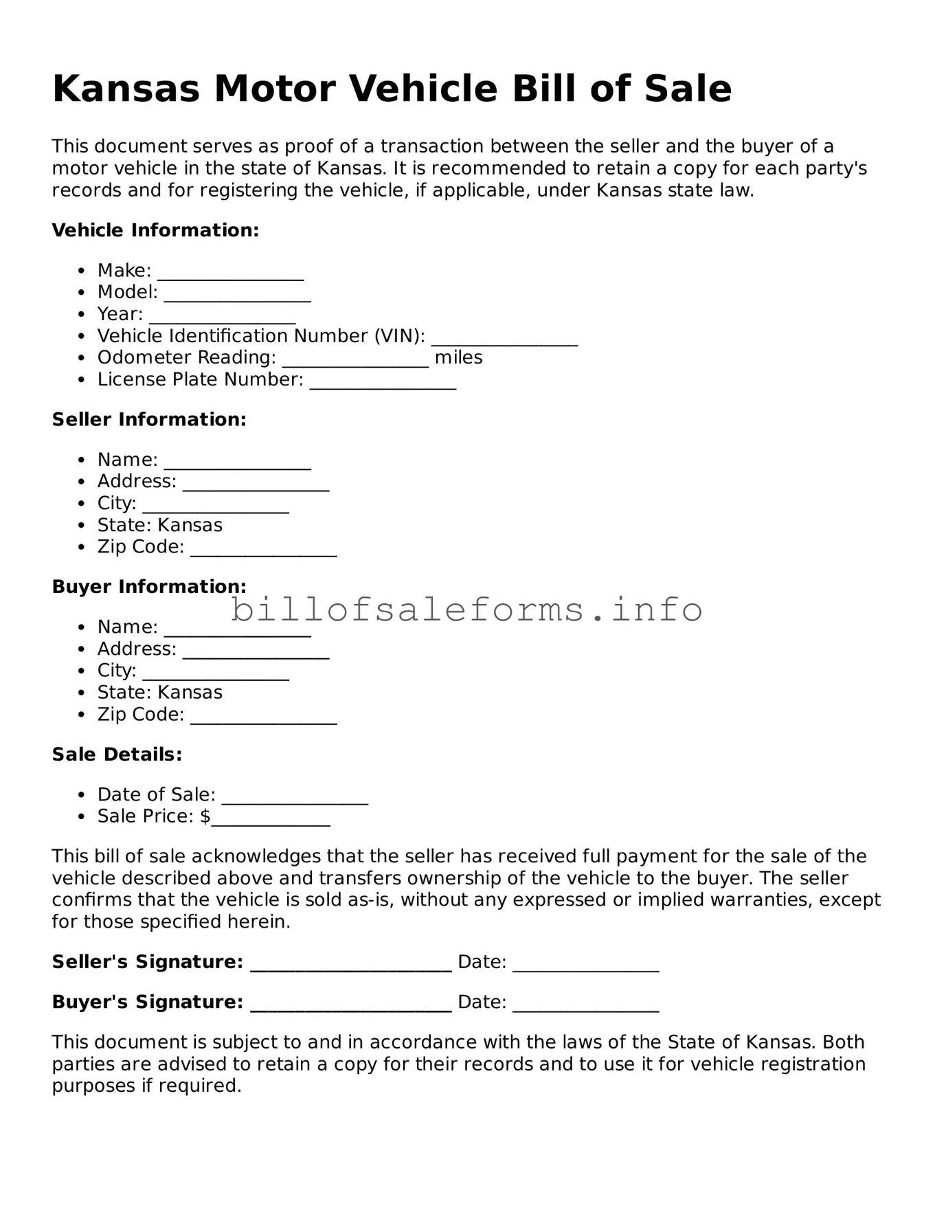 Legal Motor Vehicle Bill of Sale Form for Kansas State