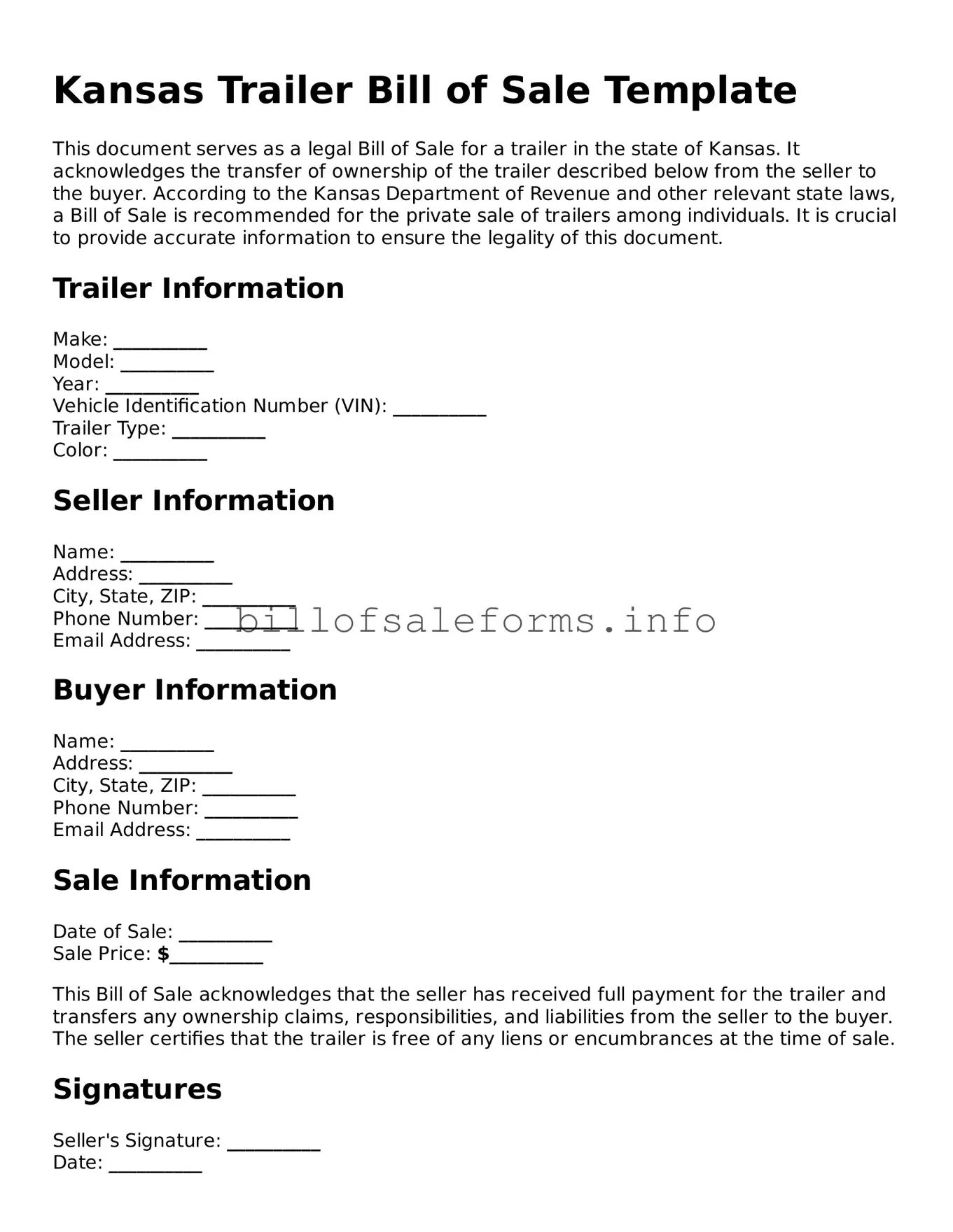 Legal Trailer Bill of Sale Form for Kansas State