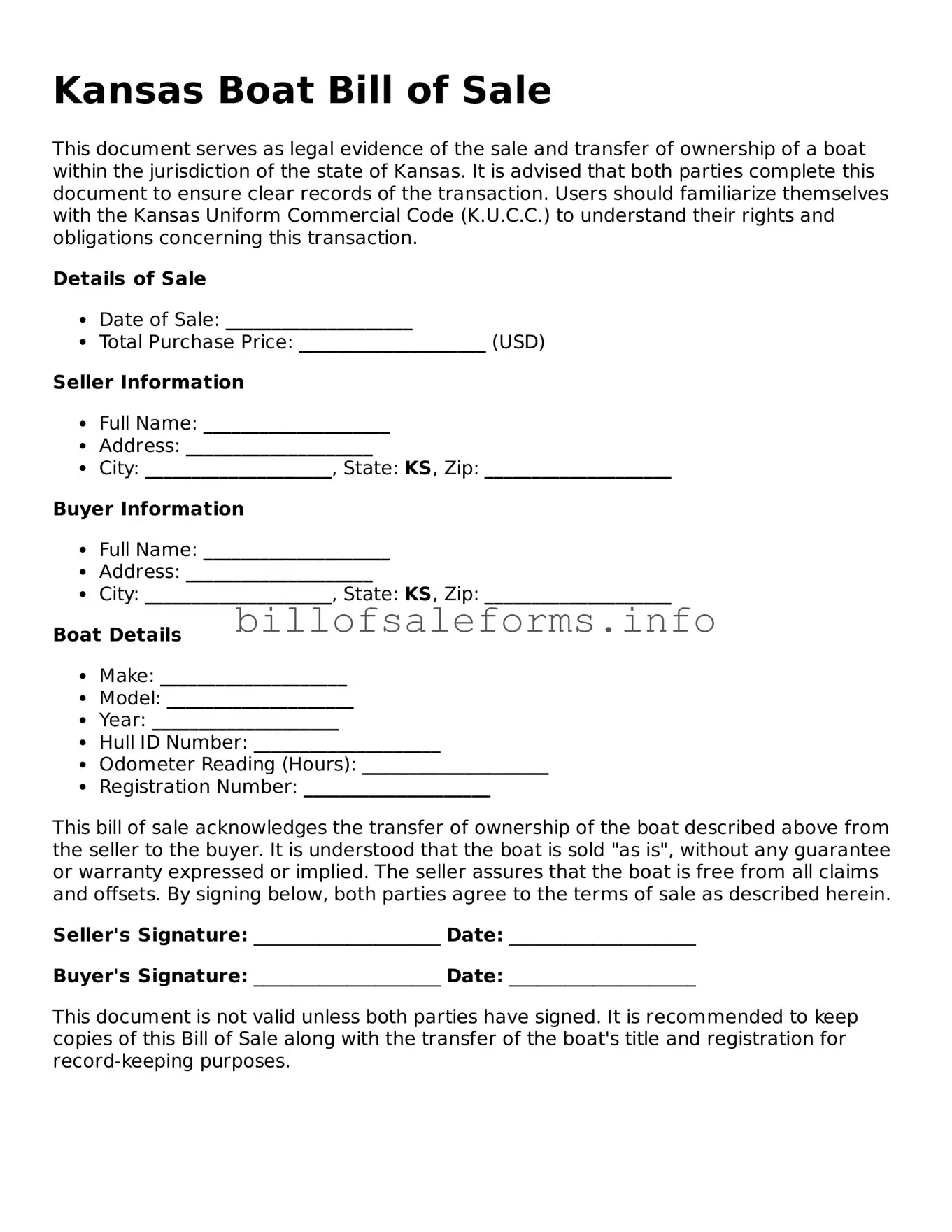 Legal Boat Bill of Sale Form for Kansas State