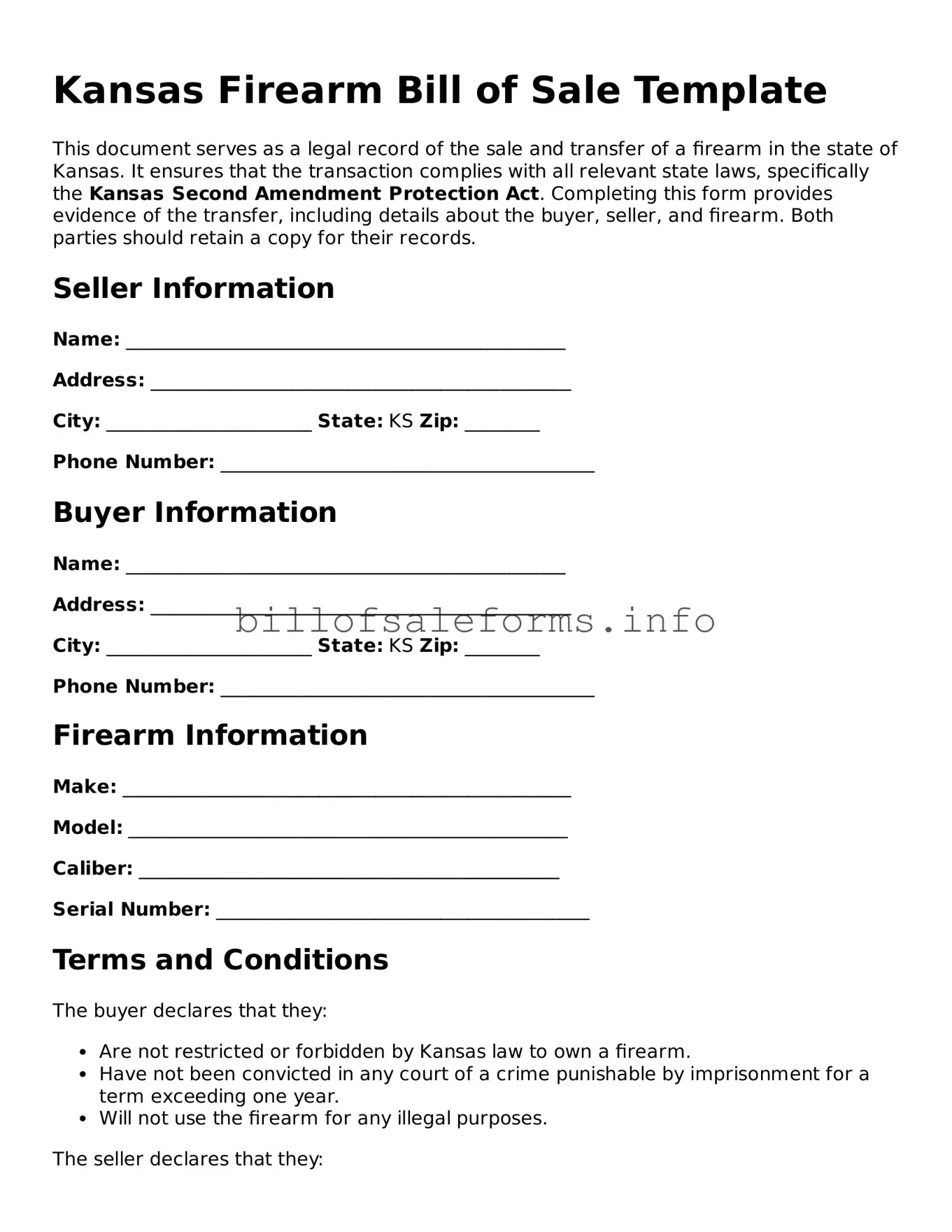 Legal Firearm Bill of Sale Form for Kansas State