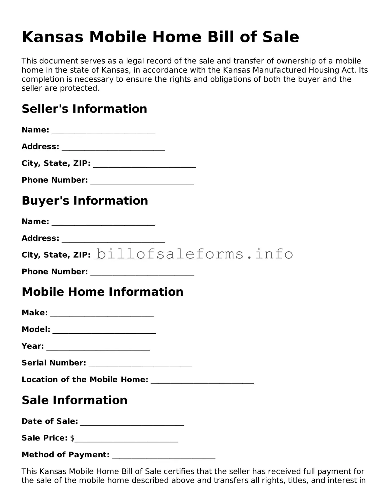 Legal Mobile Home Bill of Sale Form for Kansas State