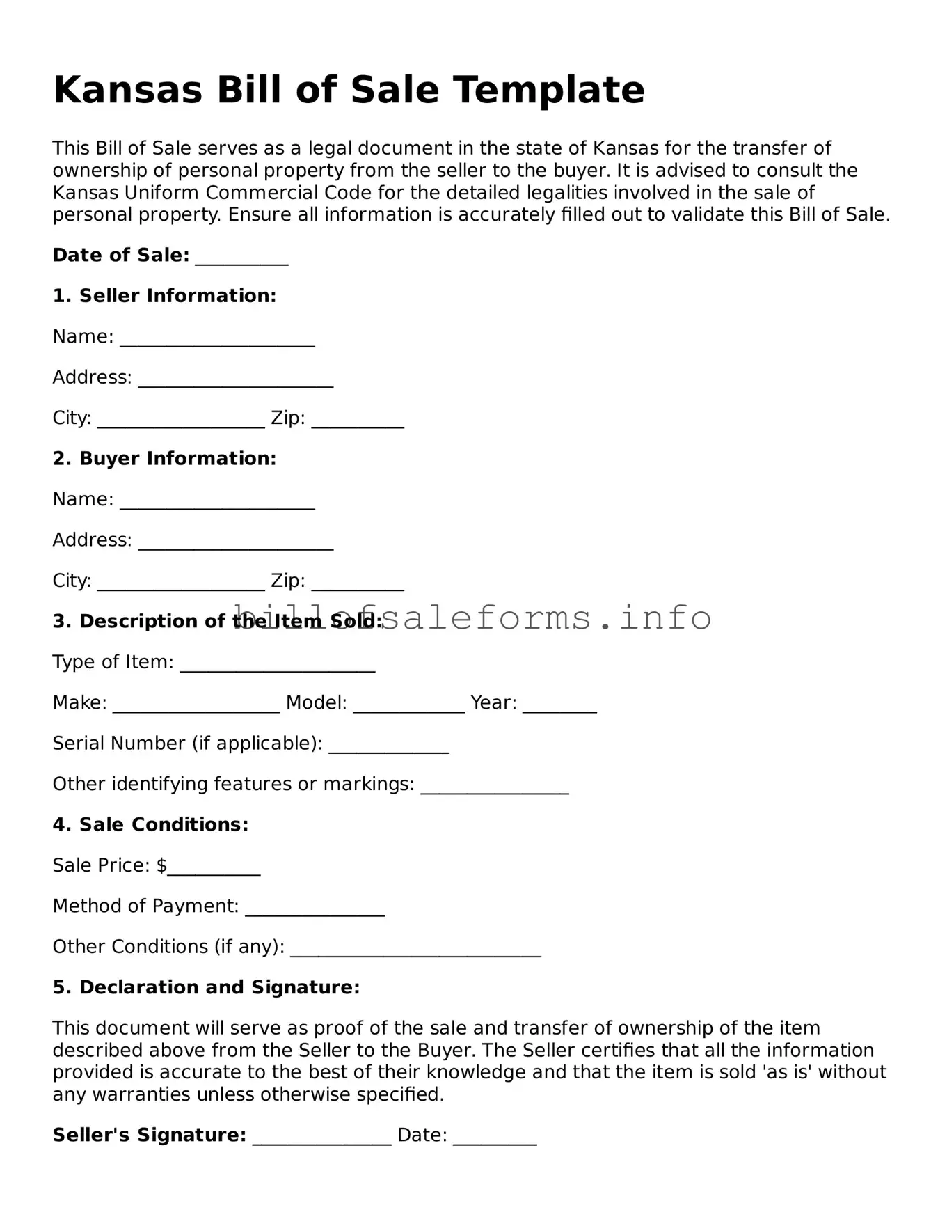 Legal Bill of Sale Form for Kansas State
