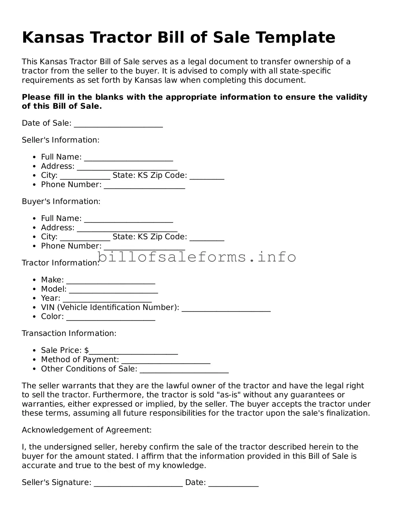 Legal Tractor Bill of Sale Form for Kansas State