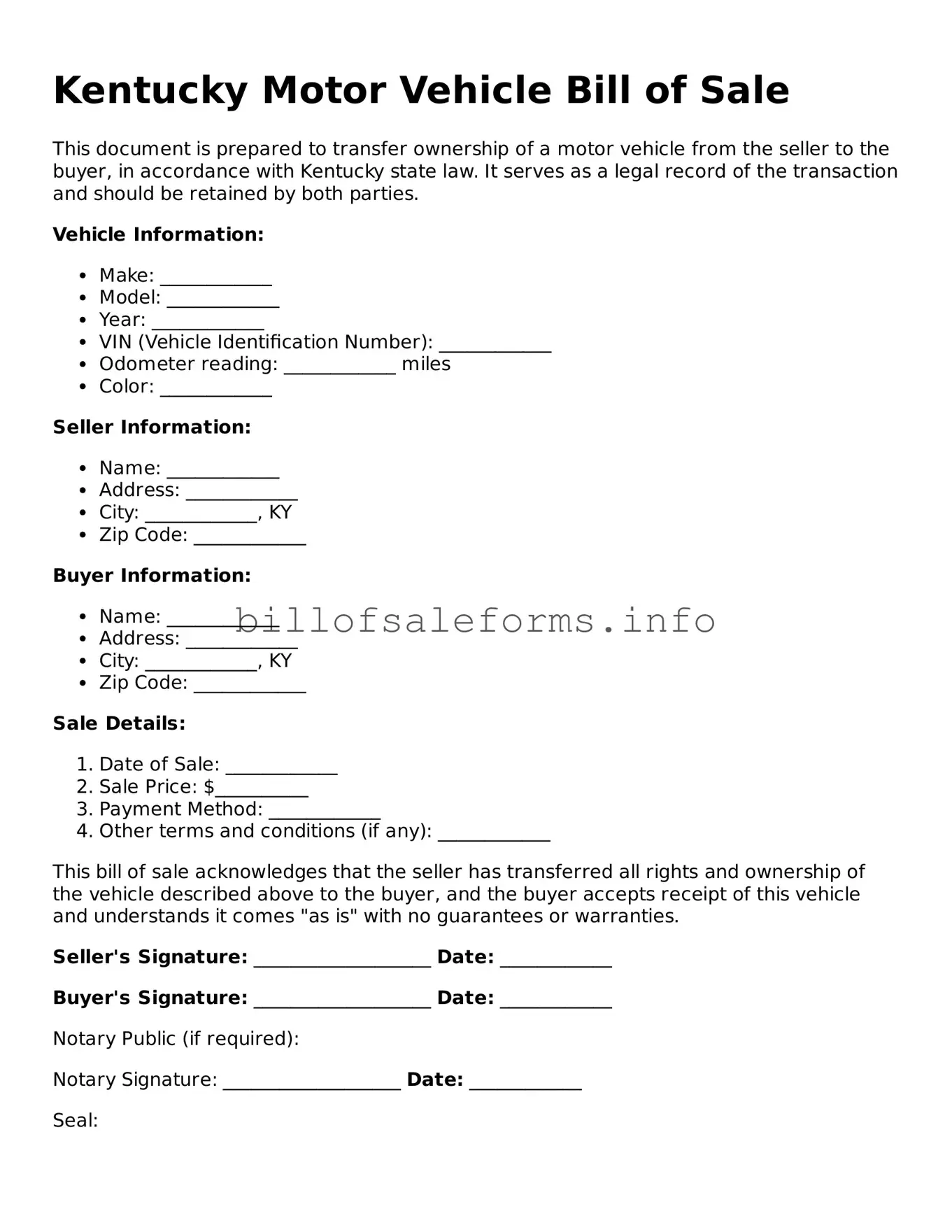 Legal Motor Vehicle Bill of Sale Form for Kentucky State