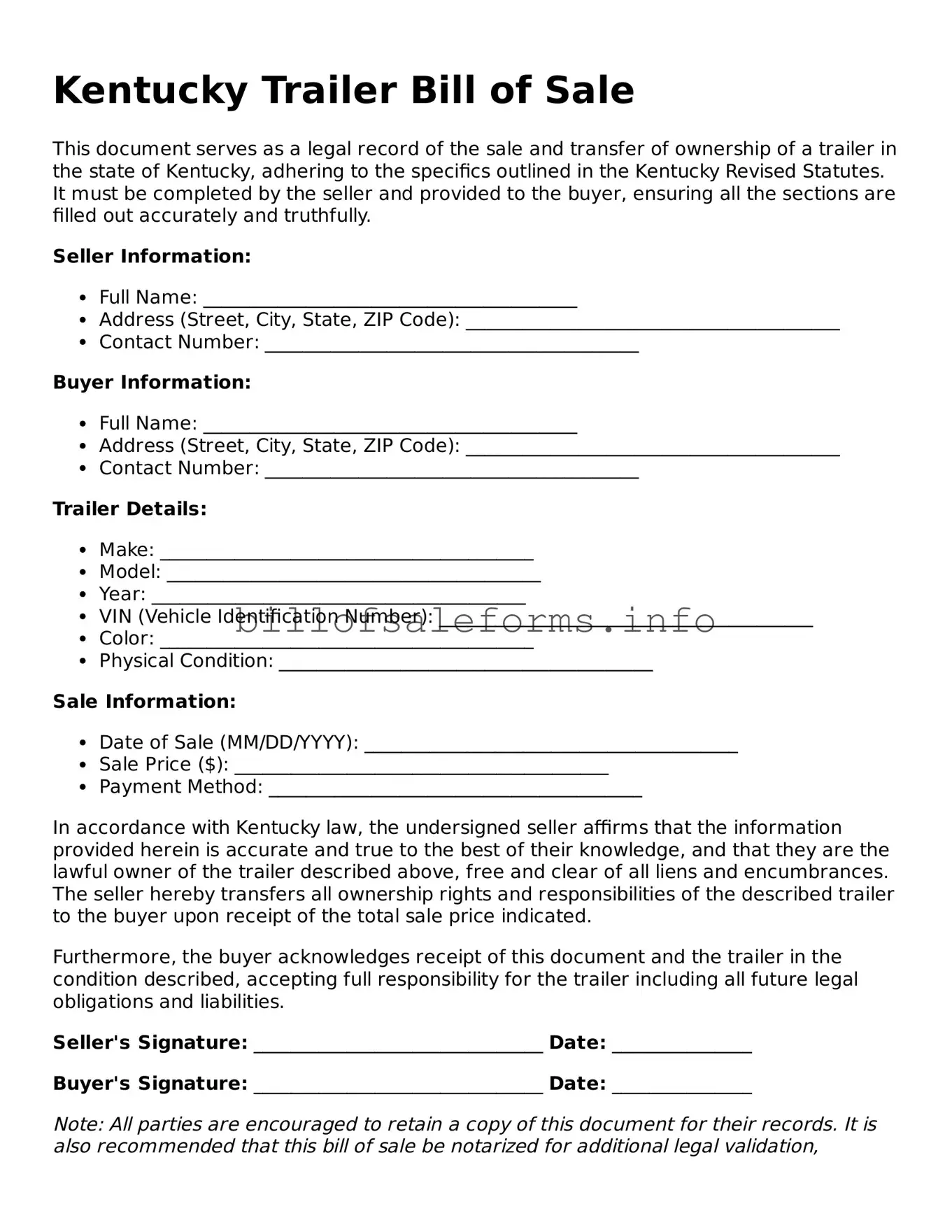 Legal Trailer Bill of Sale Form for Kentucky State