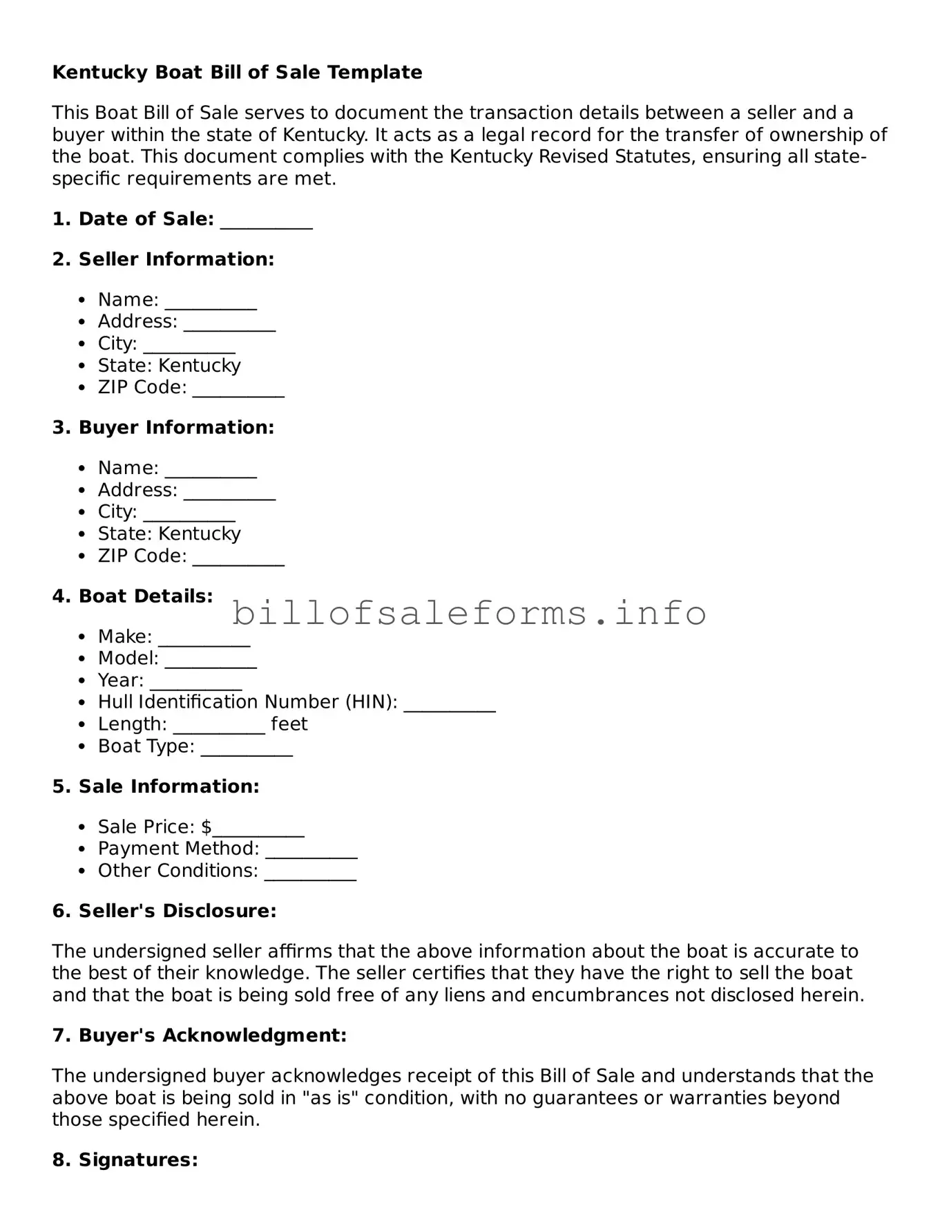 Legal Boat Bill of Sale Form for Kentucky State