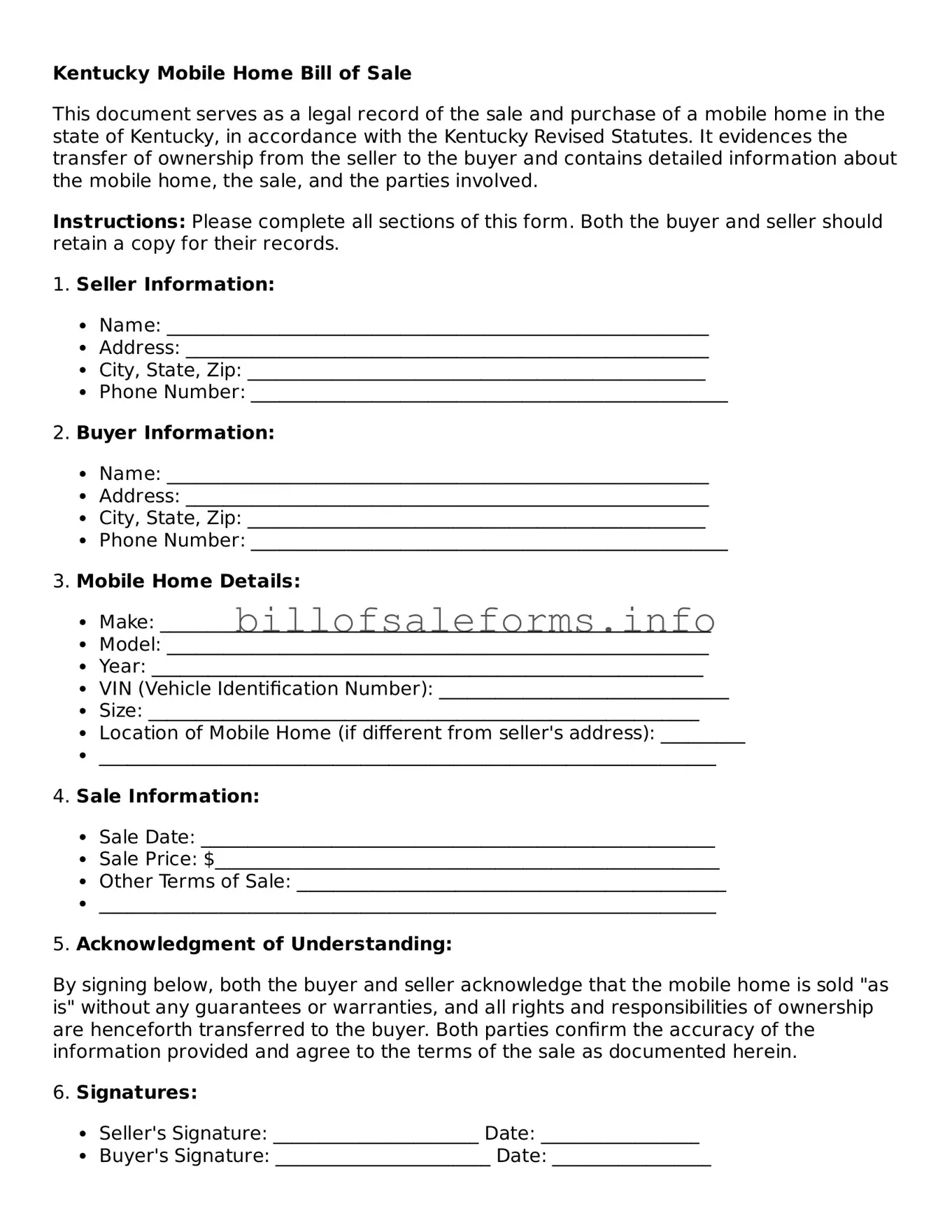 Legal Mobile Home Bill of Sale Form for Kentucky State