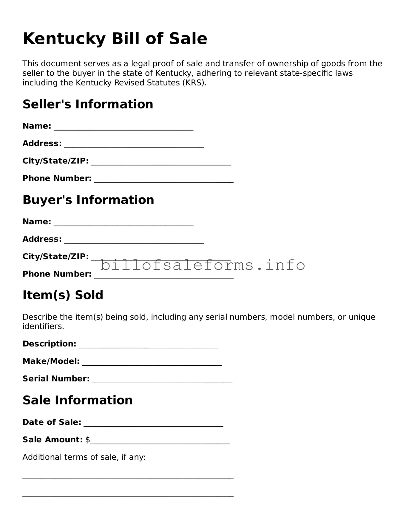 Legal Bill of Sale Form for Kentucky State