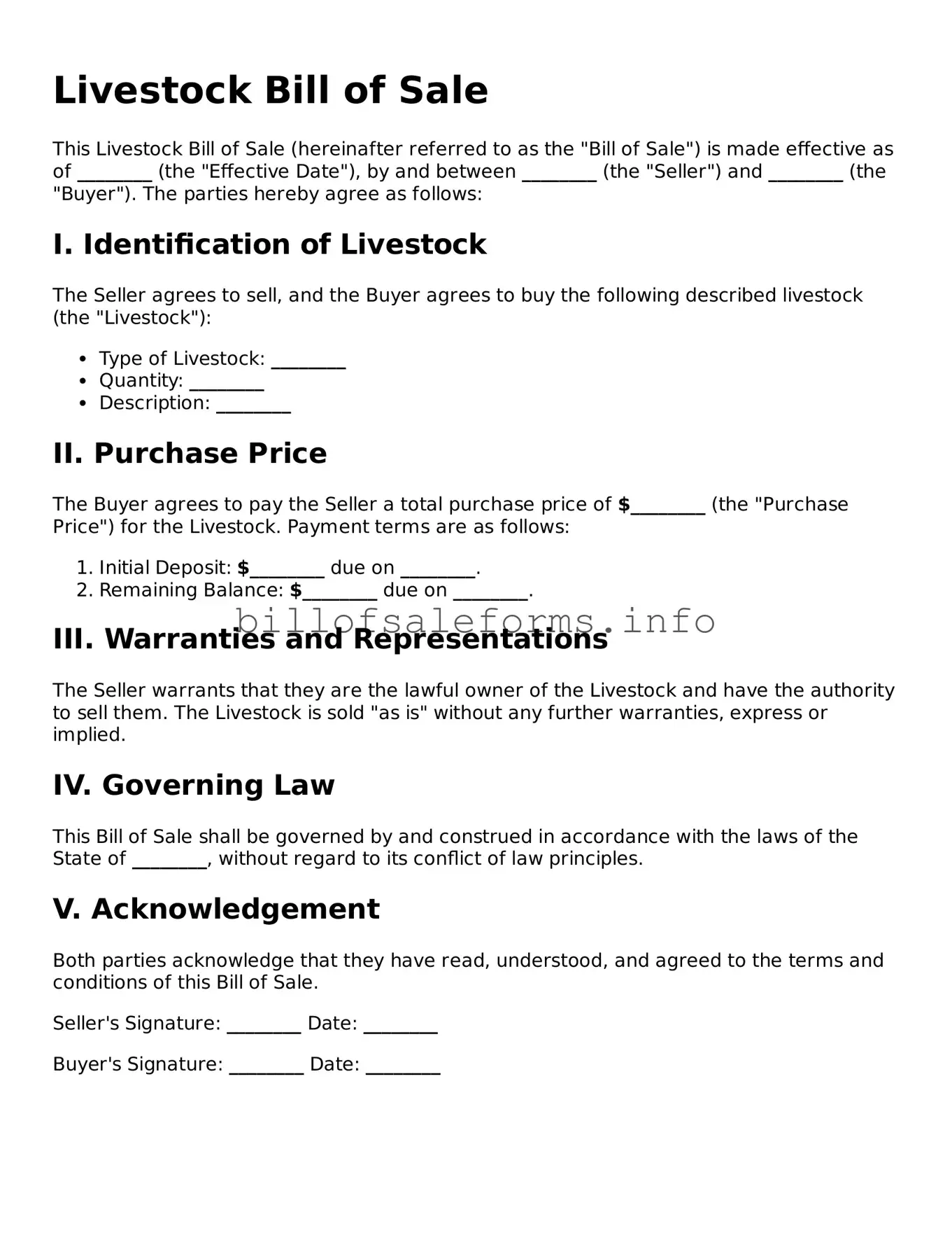 Blank Livestock Bill of Sale Document