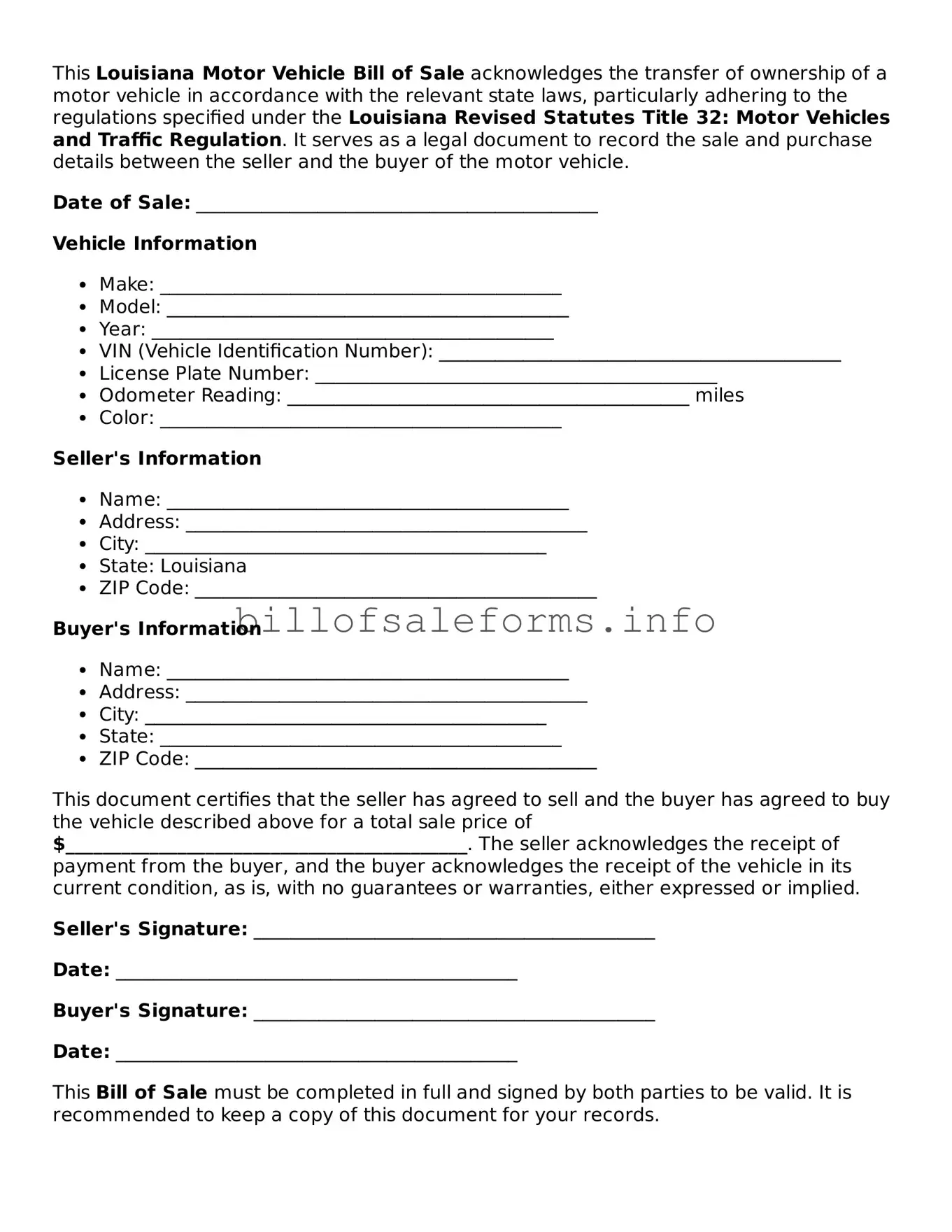 Legal Motor Vehicle Bill of Sale Form for Louisiana State