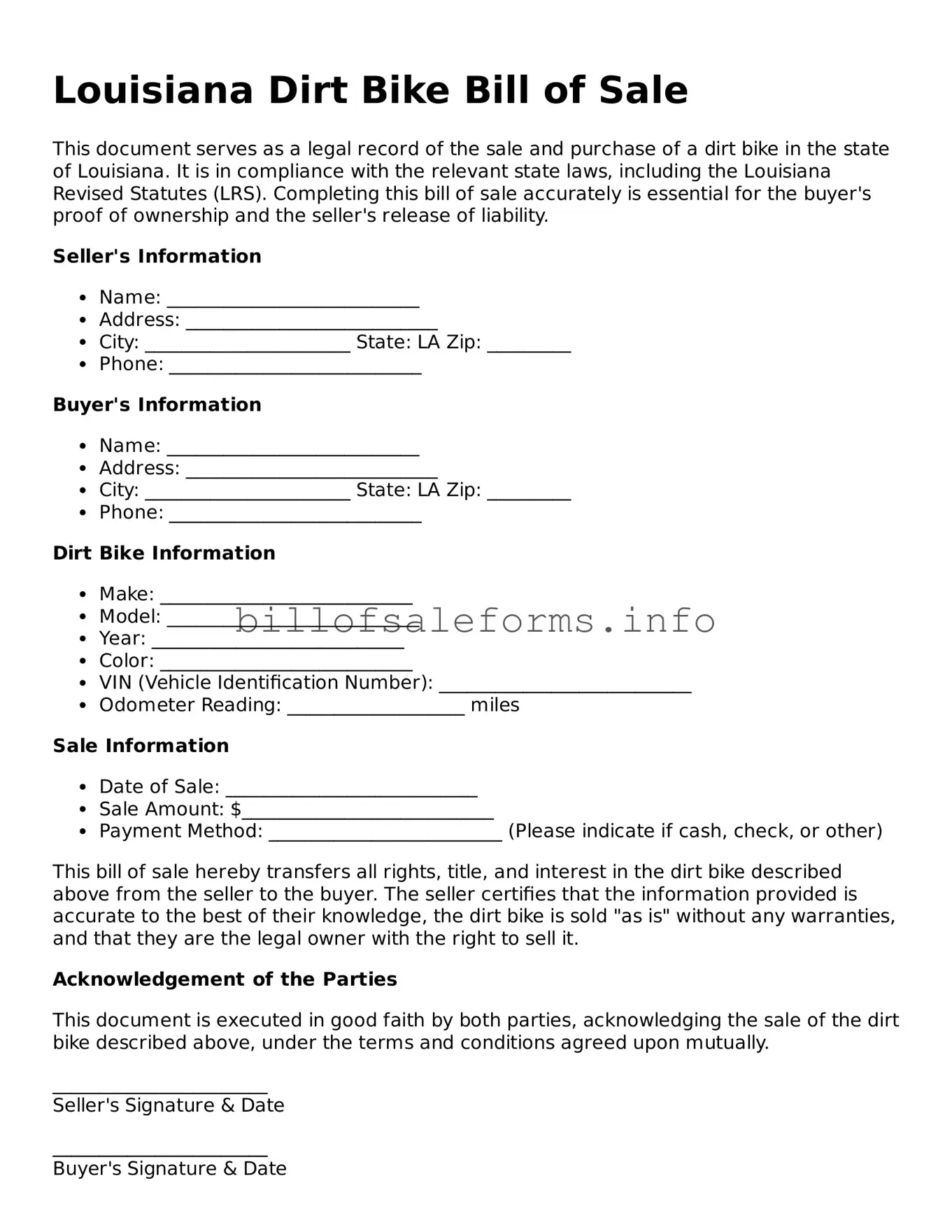 Legal Dirt Bike Bill of Sale Form for Louisiana State