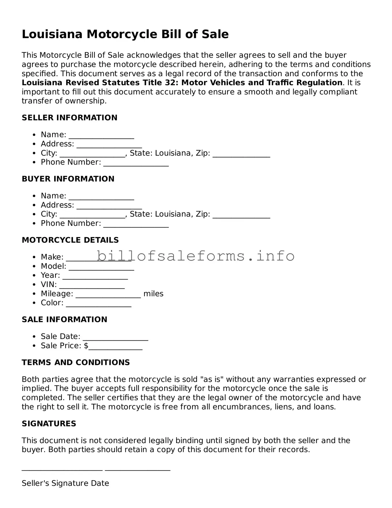 Legal Motorcycle Bill of Sale Form for Louisiana State