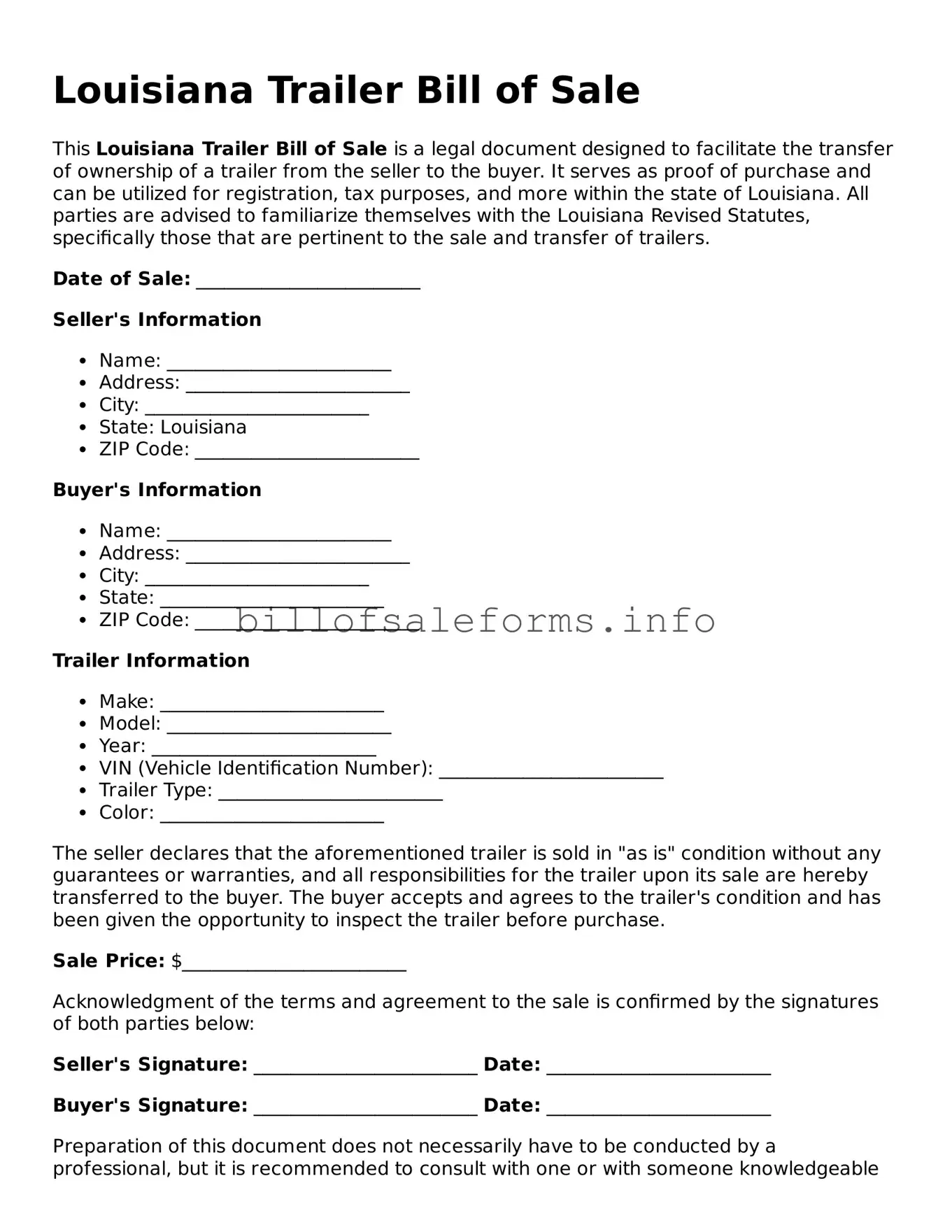 Legal Trailer Bill of Sale Form for Louisiana State