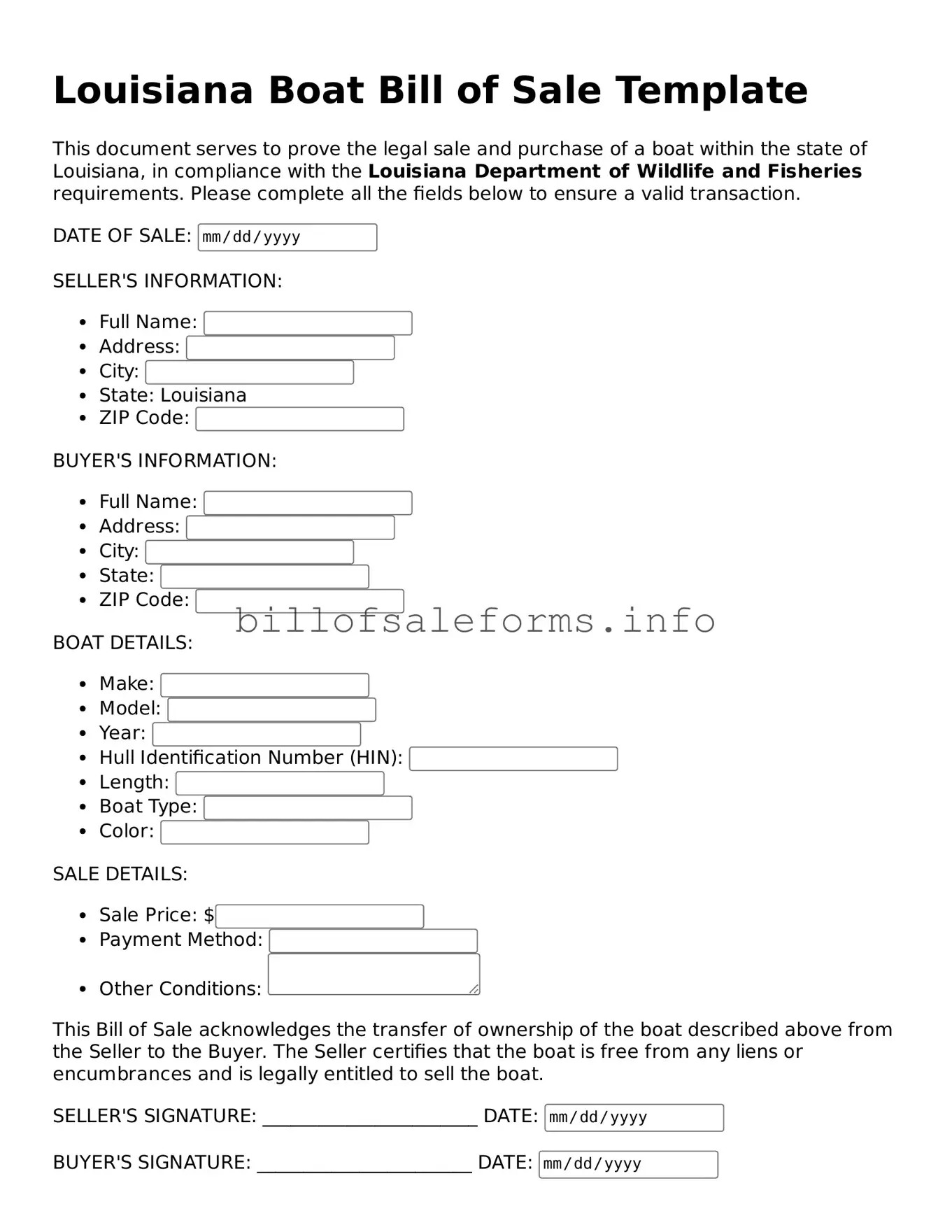 Legal Boat Bill of Sale Form for Louisiana State