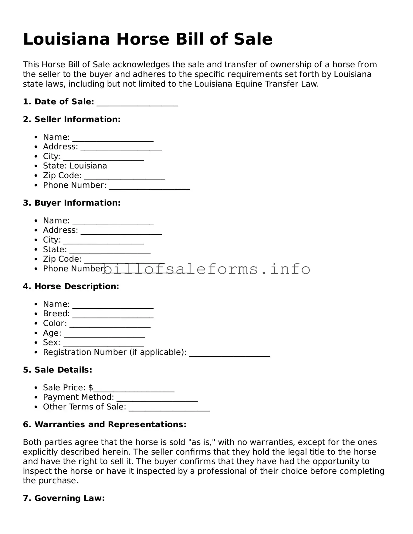Legal Horse Bill of Sale Form for Louisiana State
