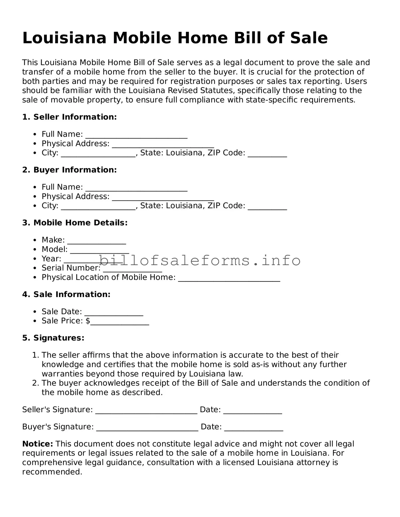 Legal Mobile Home Bill of Sale Form for Louisiana State