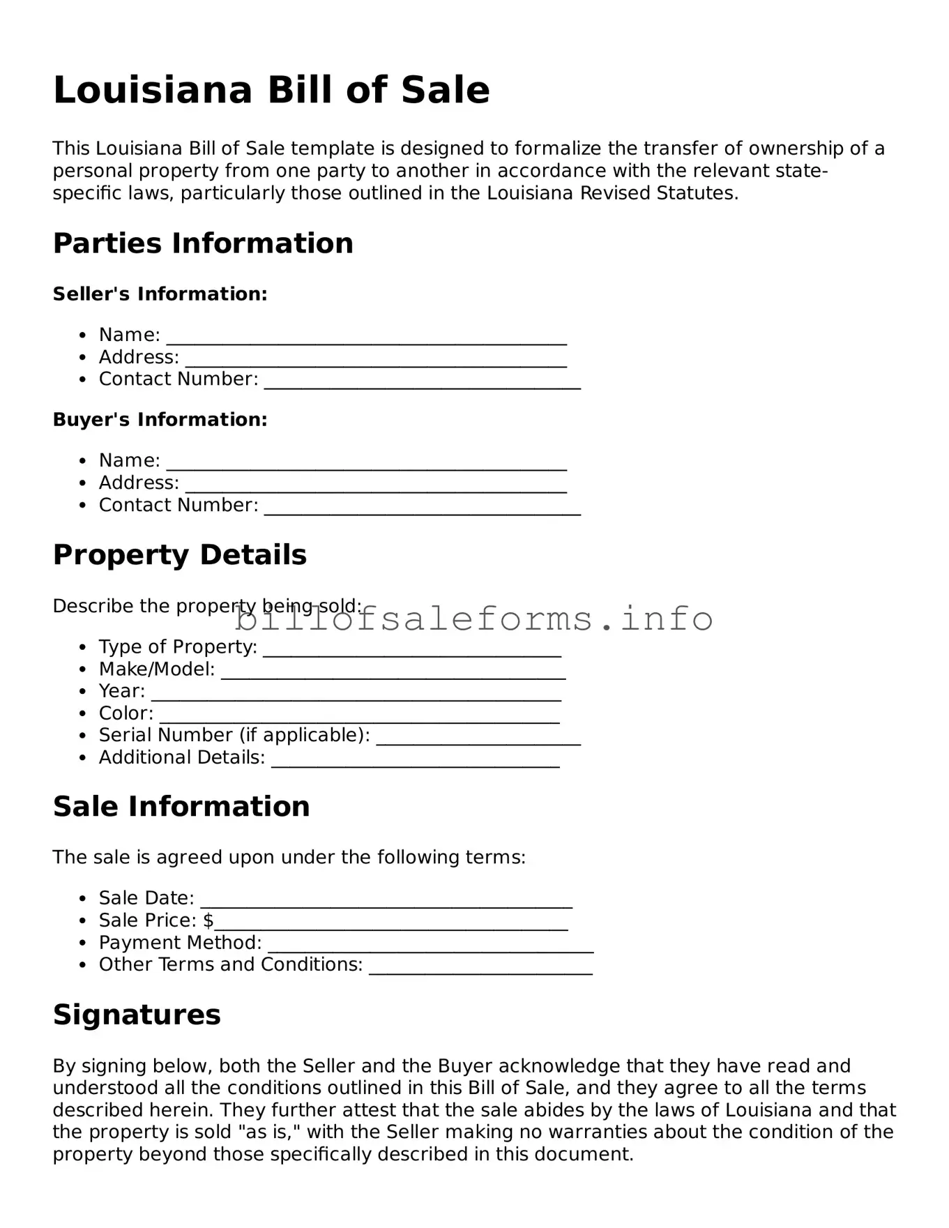 Legal Bill of Sale Form for Louisiana State
