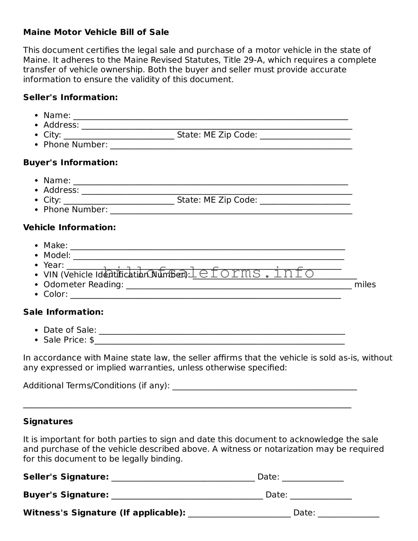 Legal Motor Vehicle Bill of Sale Form for Maine State